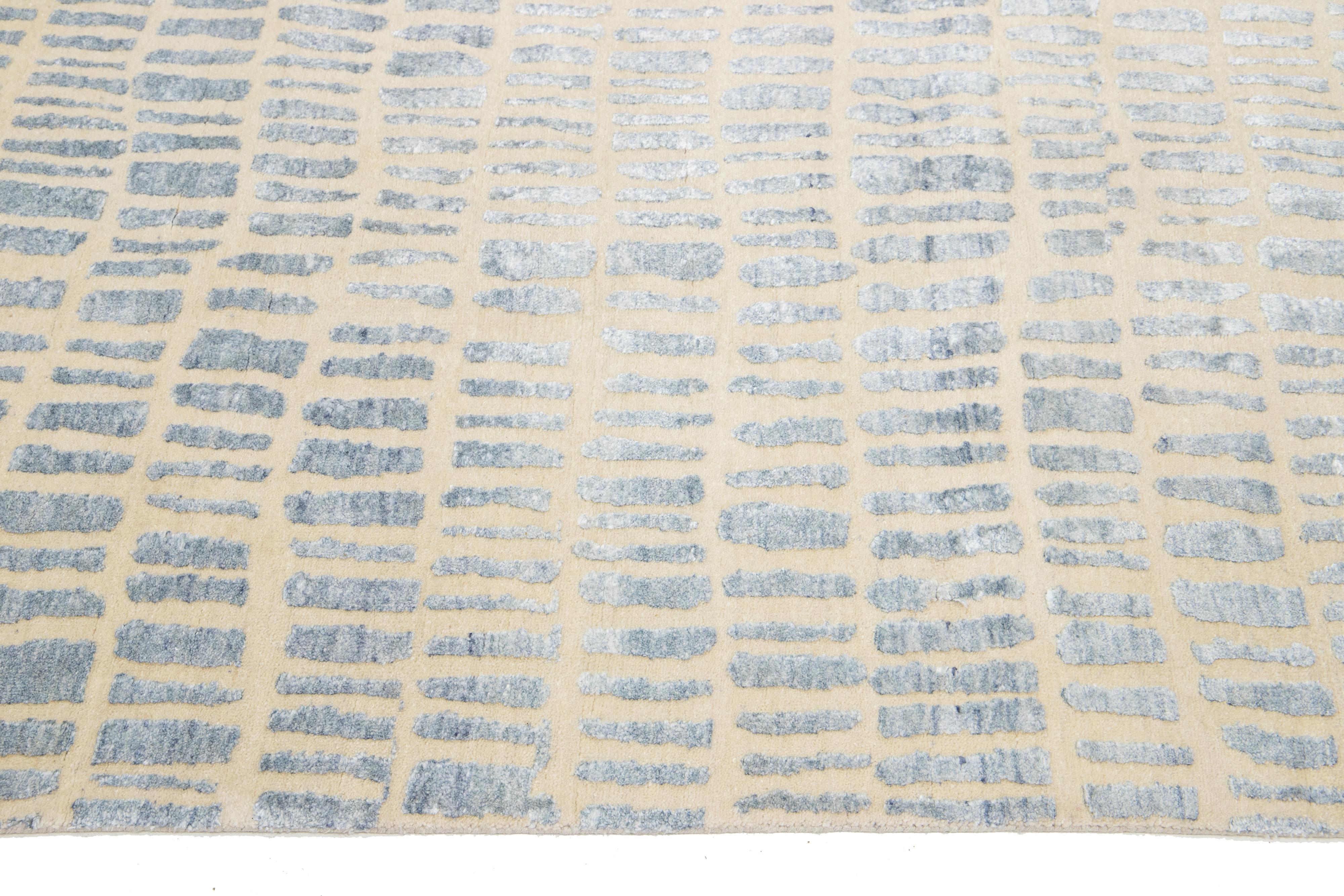 12 x 15 Alfombra contemporánea de lana y seda con diseño geométrico azul Lana en venta
