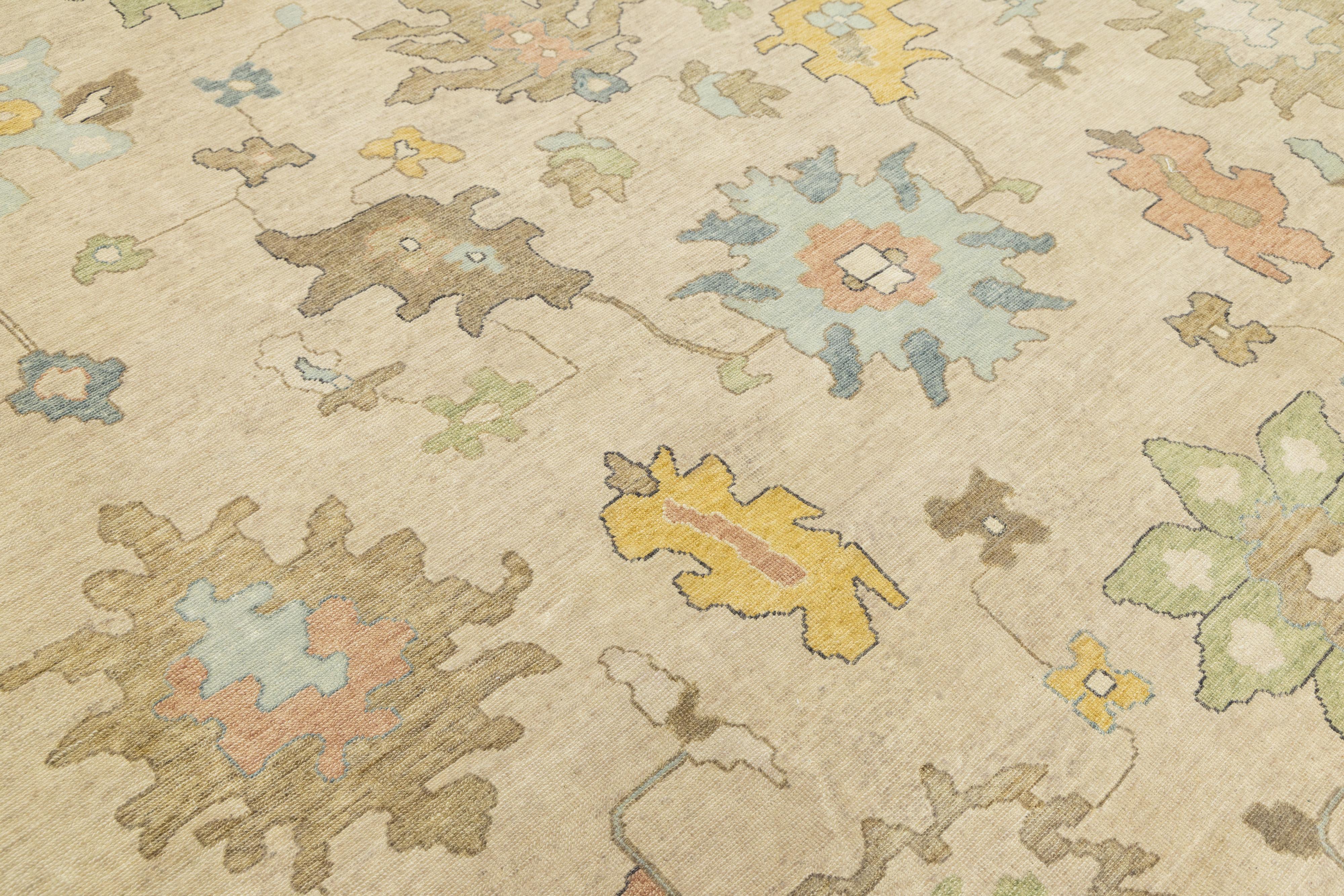 XXIe siècle et contemporain 12 x 15 By Design Modern Floral Oushak Style Wool Rug Handmade In Beige en vente