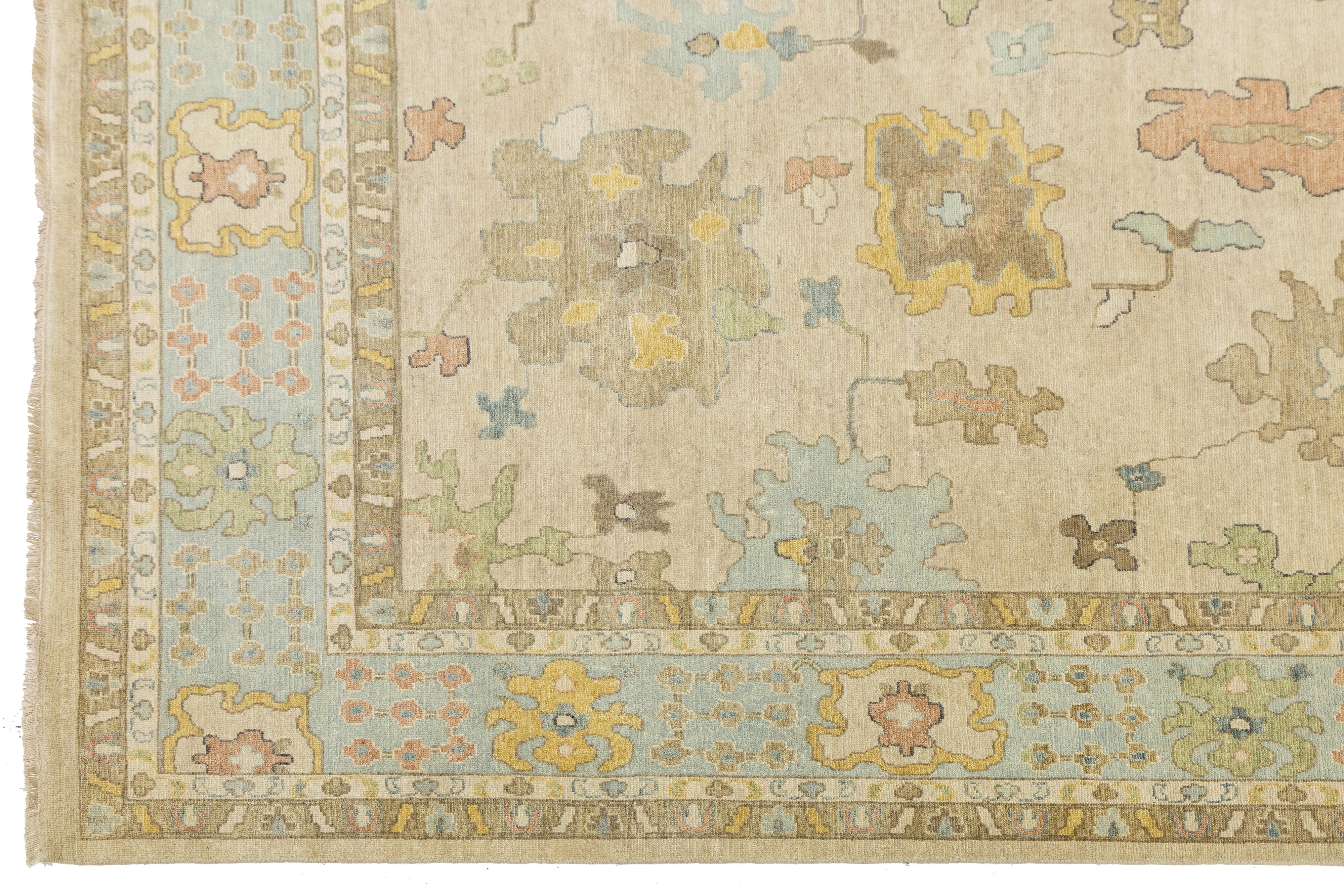 12 x 15 By Design Modern Floral Oushak Style Wool Rug Handmade In Beige en vente 2