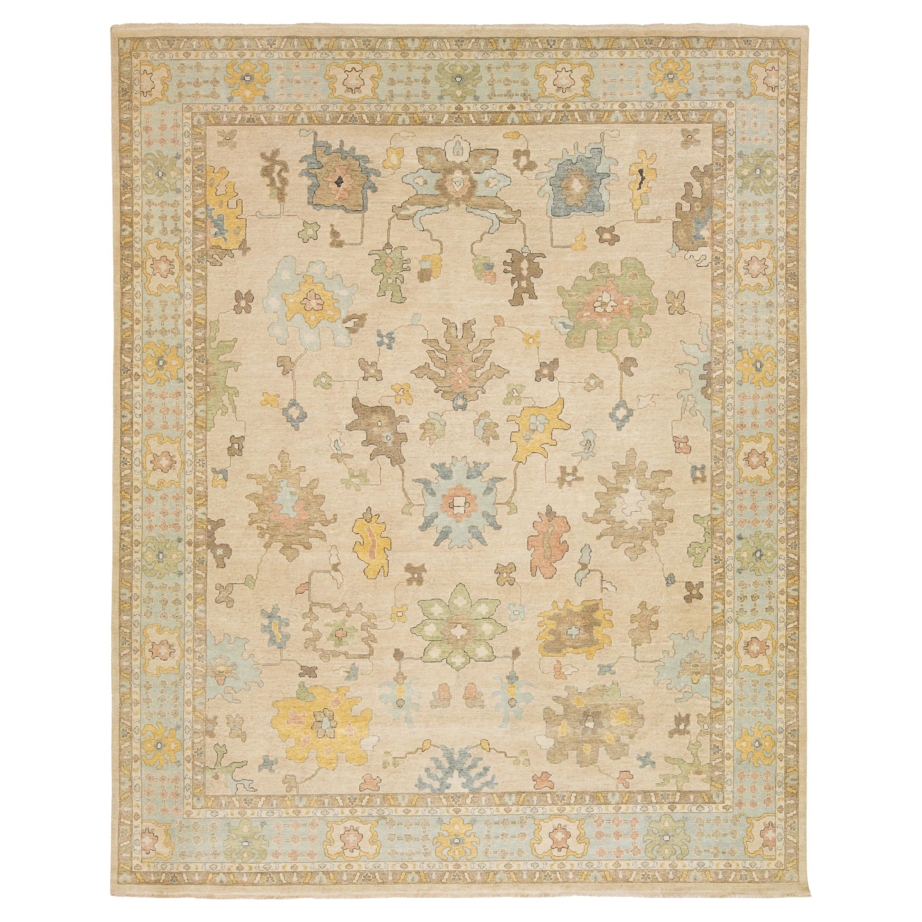 12 x 15 By Design Modern Floral Oushak Style Tappeto di lana fatto a mano in beige