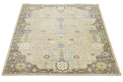12 x 15 Handmade Modern Floral Oushak Style Wool Rug In Beige