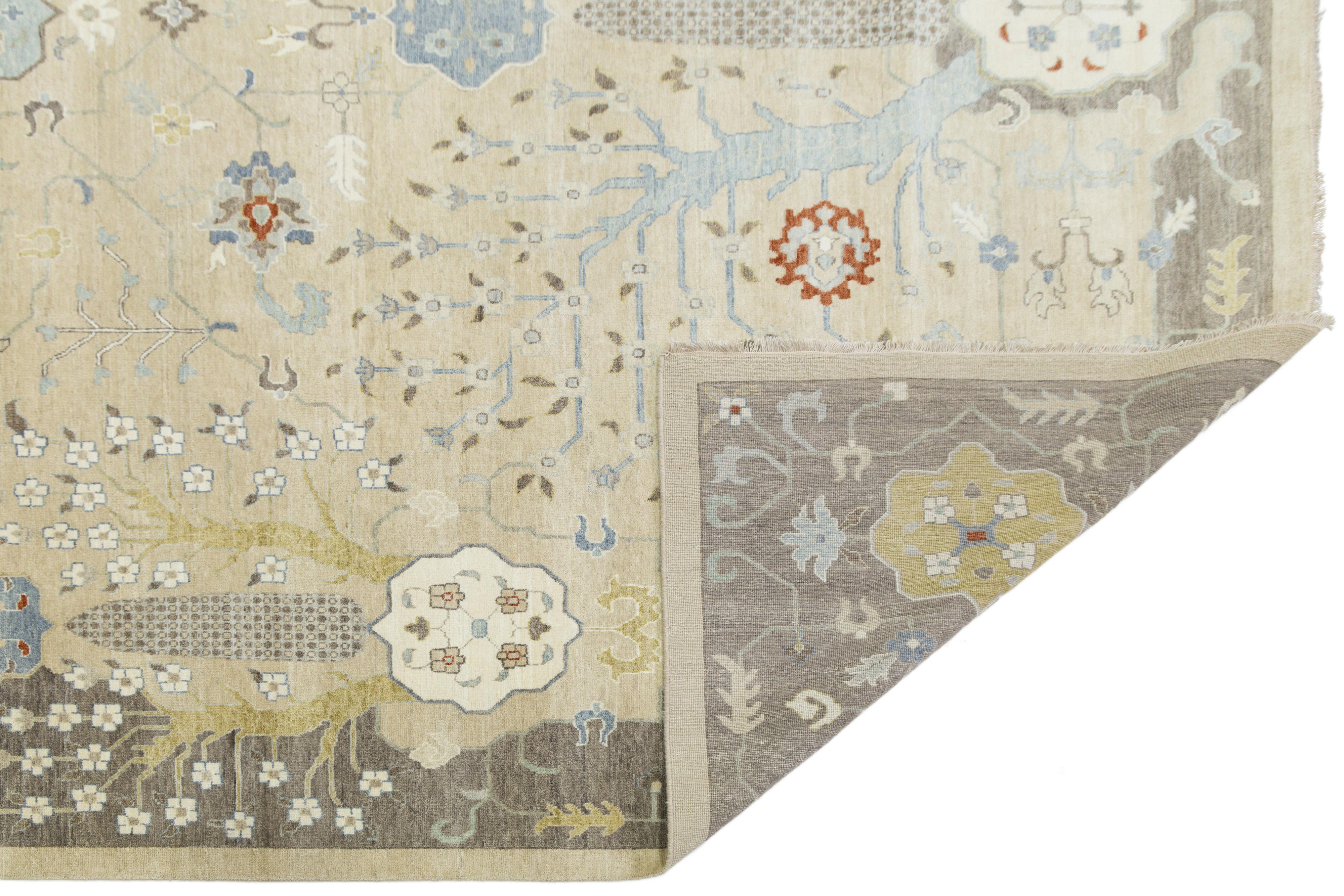 Indiano 12 x 15 Tappeto di lana in stile Oushak moderno e floreale fatto a mano in beige in vendita