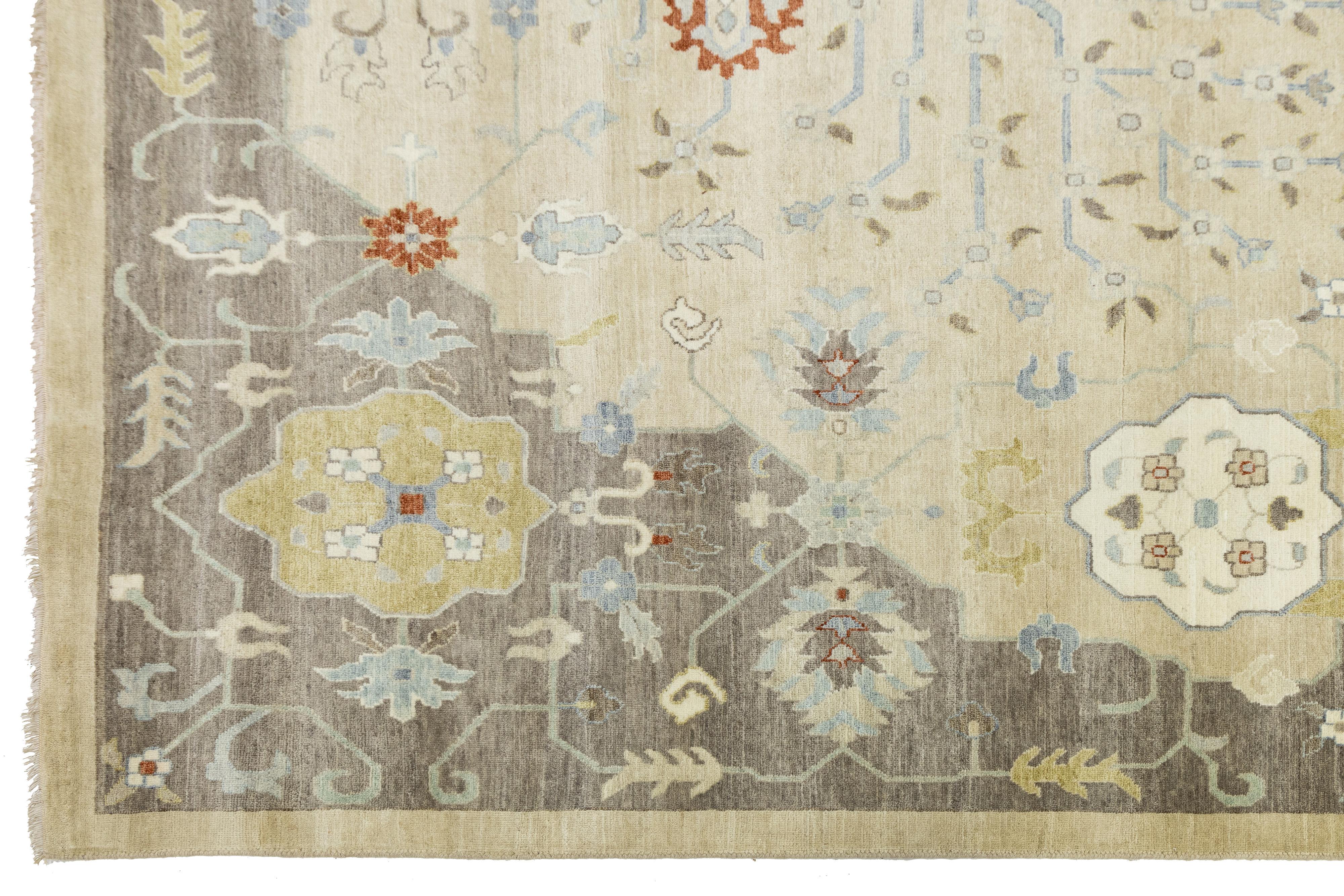 12 x 15 Tappeto di lana in stile Oushak moderno e floreale fatto a mano in beige in vendita 2