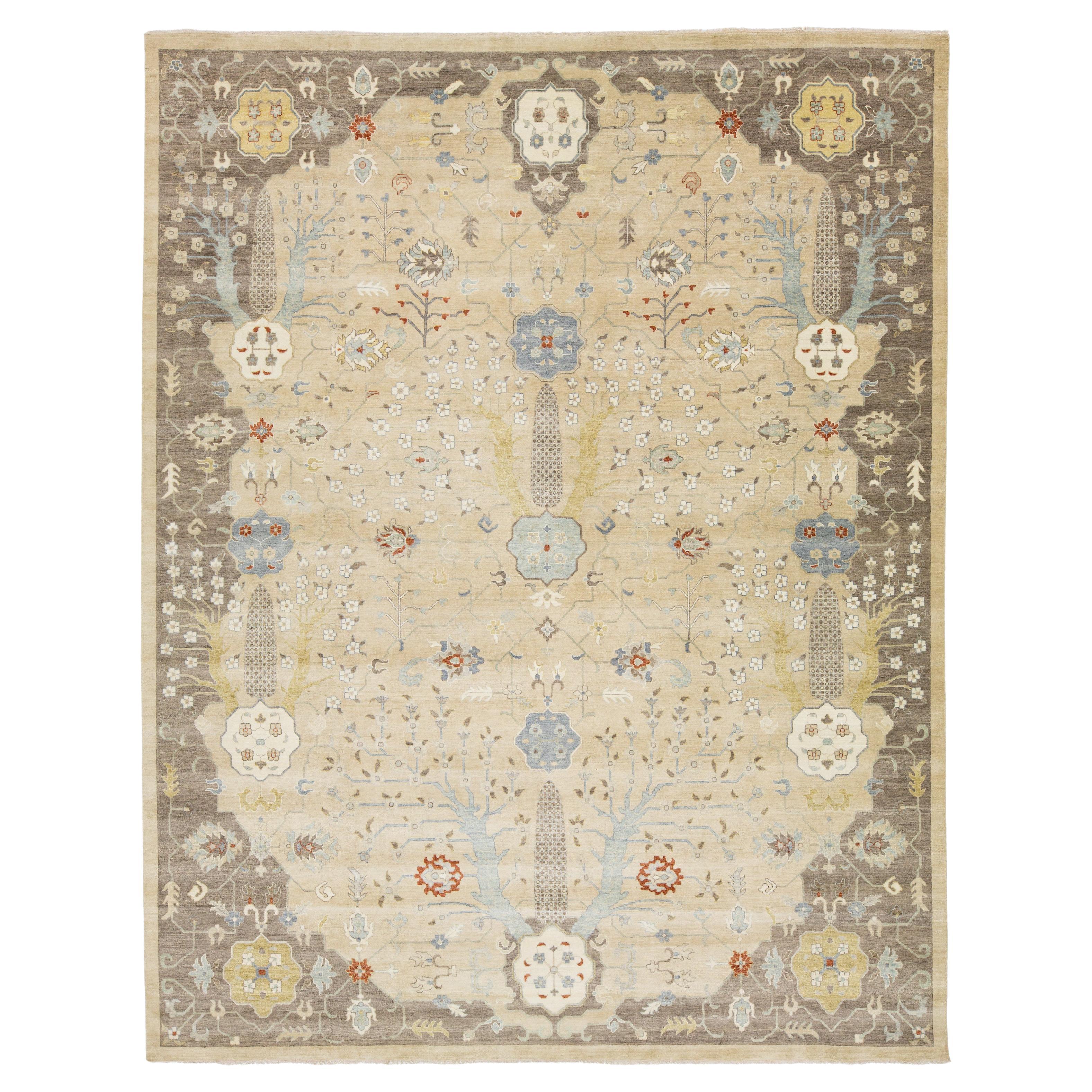 12 x 15 Tappeto di lana in stile Oushak moderno e floreale fatto a mano in beige
