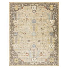 12 x 15 Tappeto di lana in stile Oushak moderno e floreale fatto a mano in beige