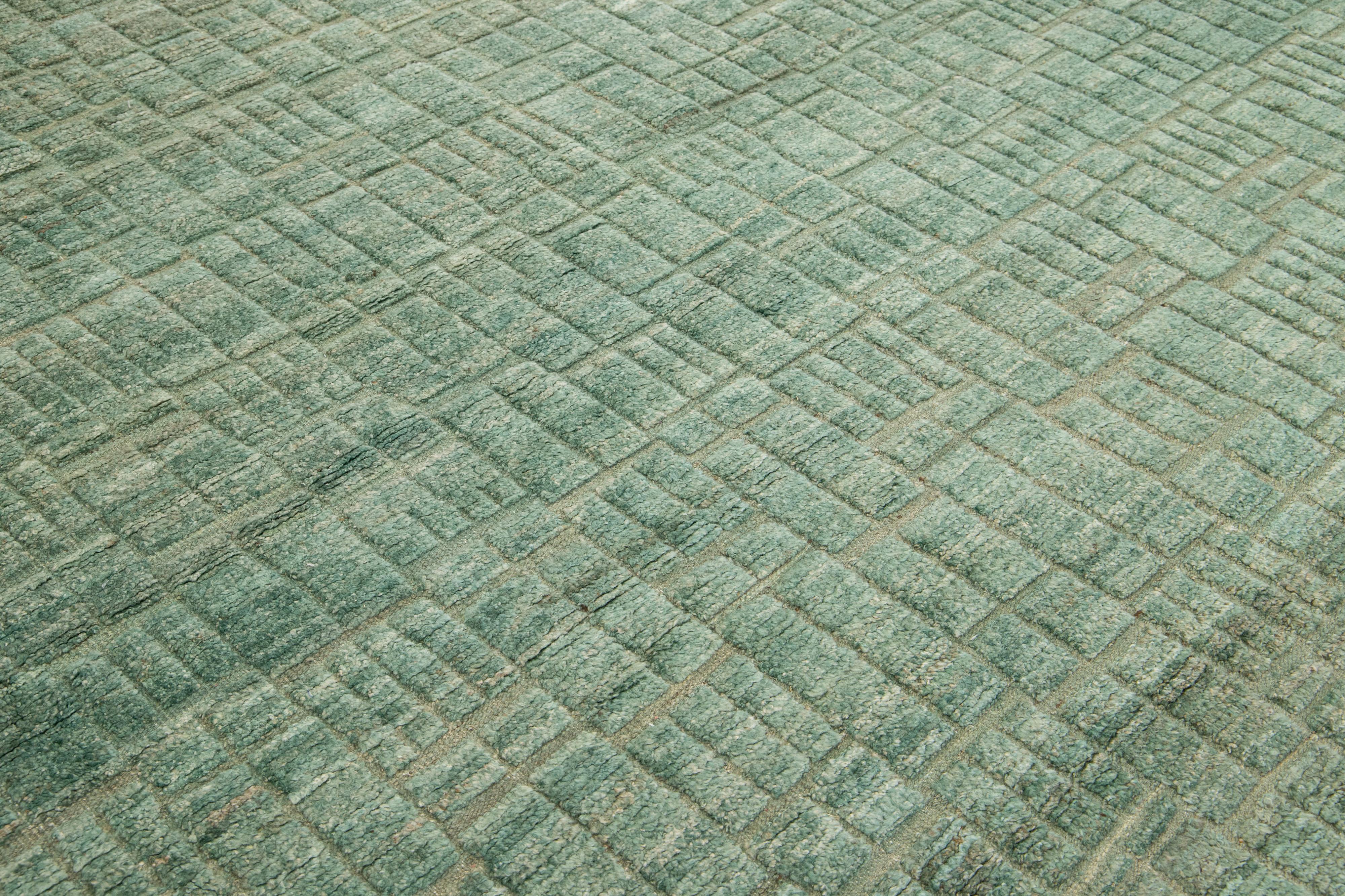 12 x 15 Modern Designed Moroccan Organic Green Wool Rug For Sale 3