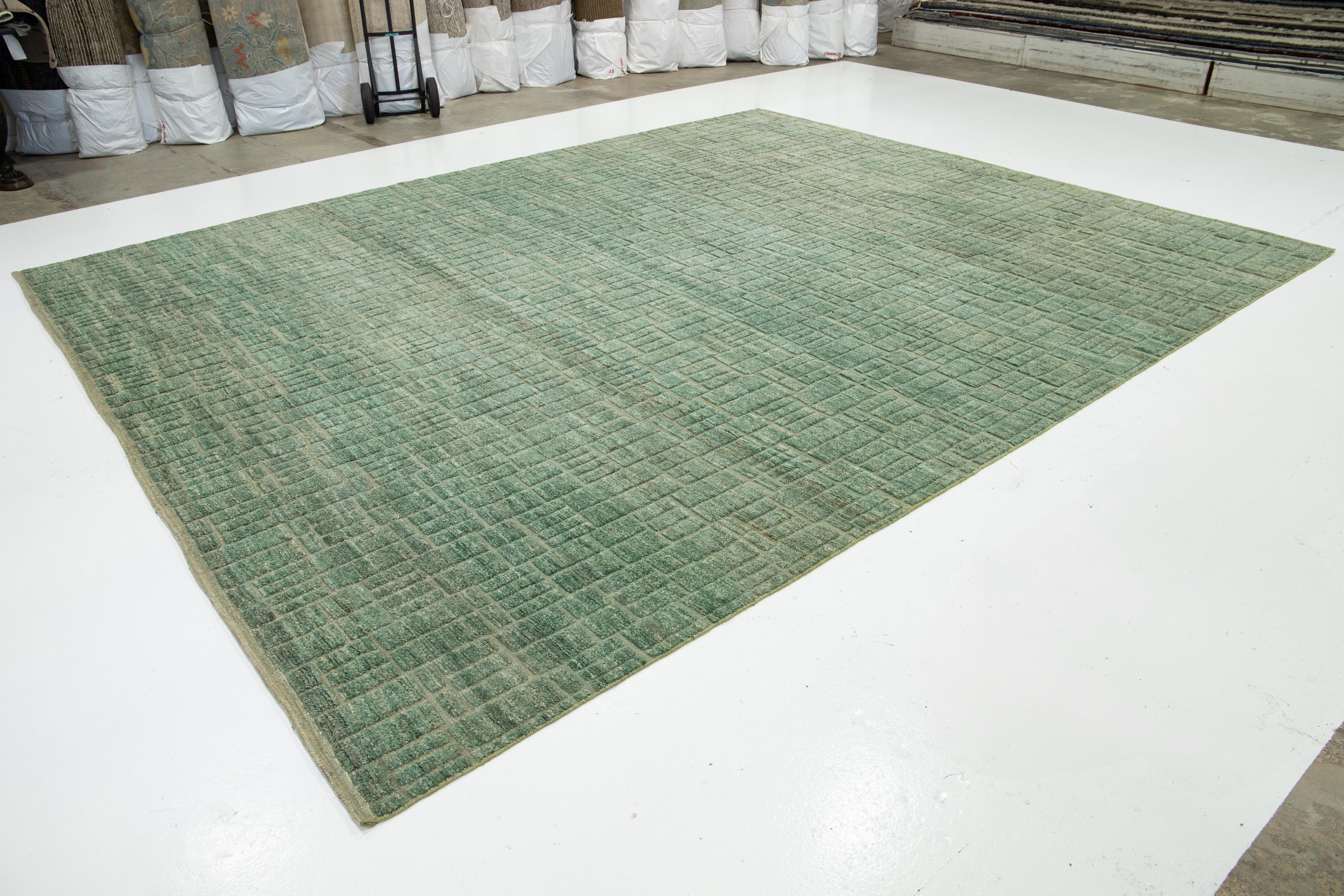 Organic Modern 12 x 15 Modern Designed Moroccan Organic Green Wool Rug For Sale