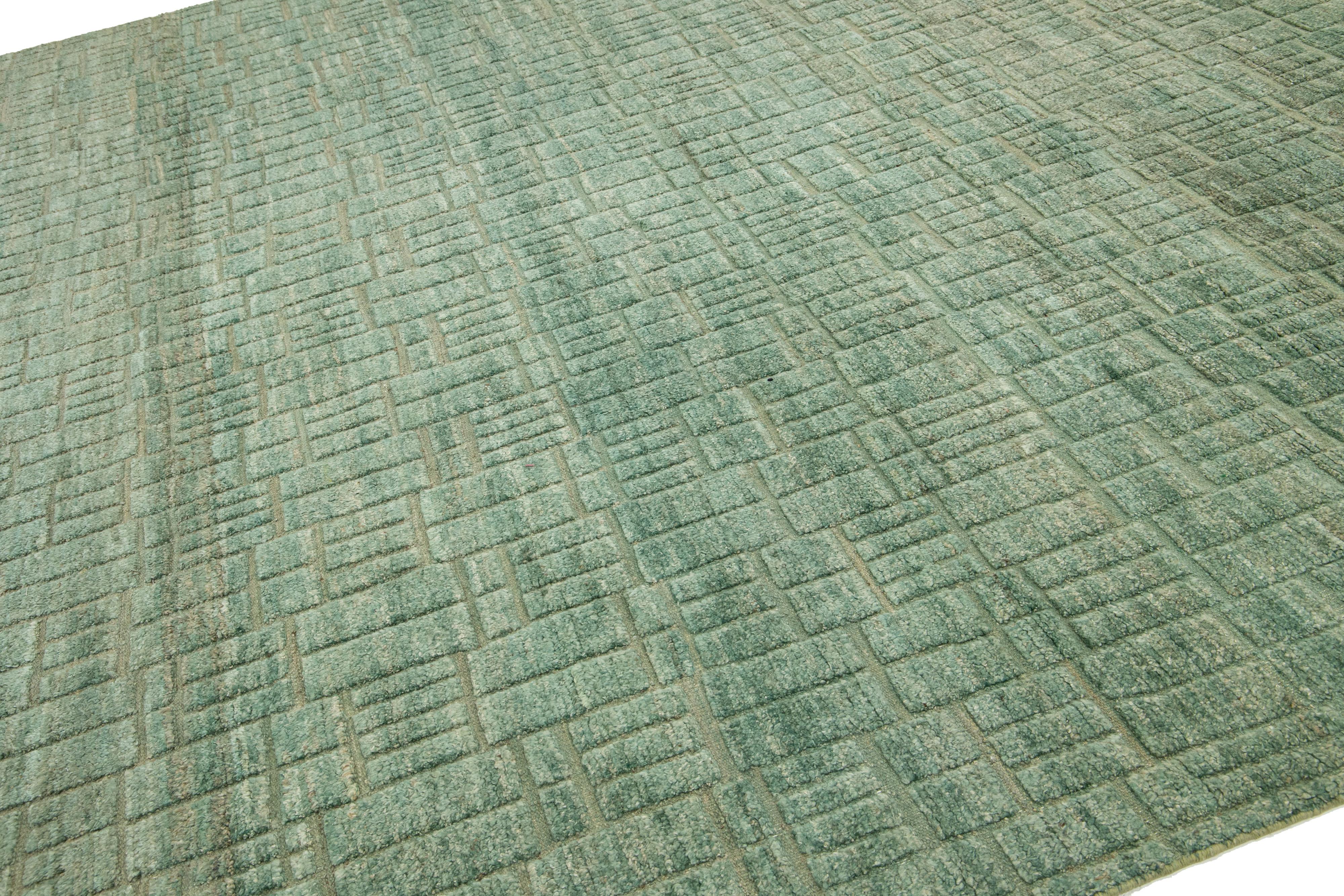 Afghan 12 x 15 Modern Designed Moroccan Organic Green Wool Rug For Sale