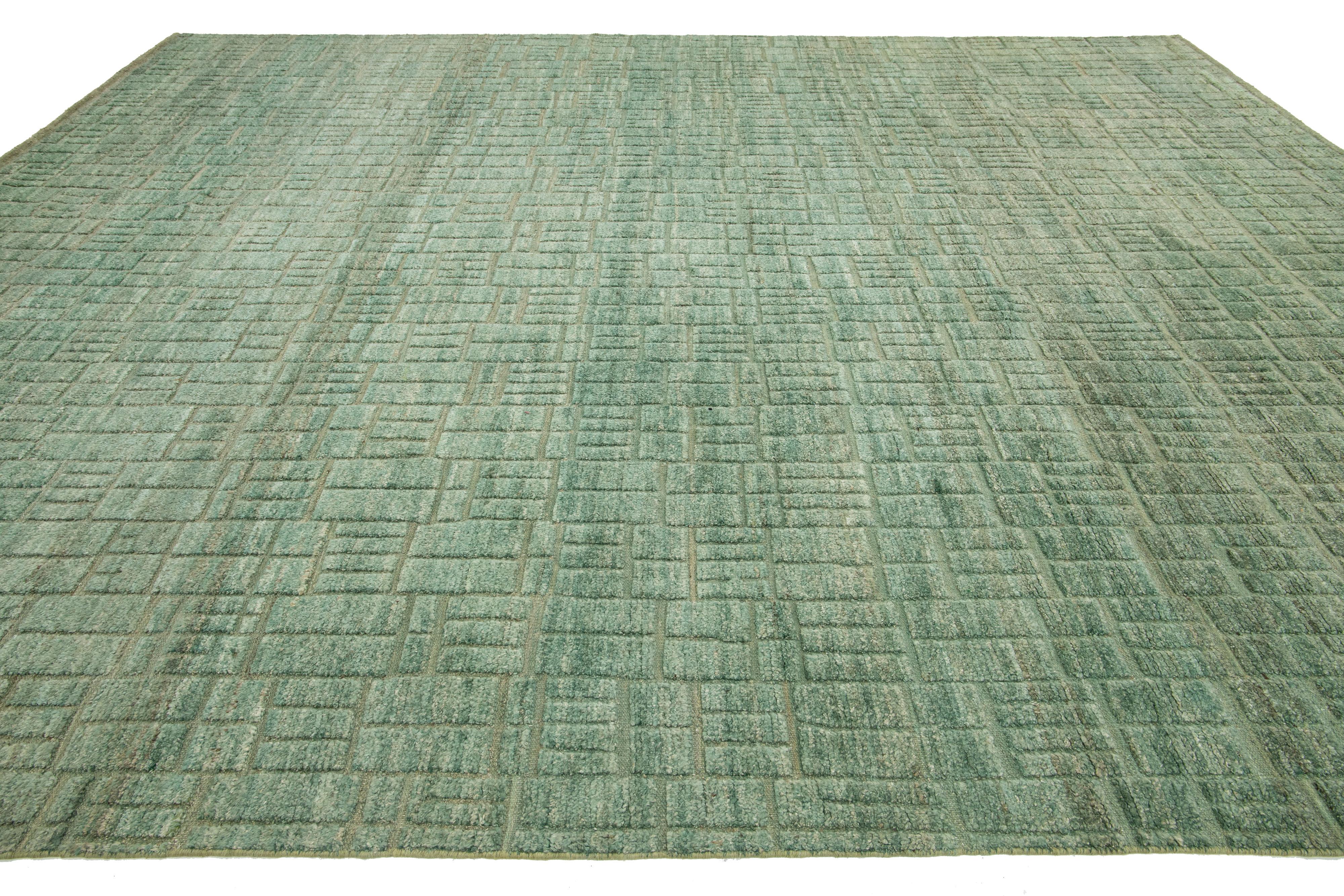 Hand-Knotted 12 x 15 Modern Designed Moroccan Organic Green Wool Rug For Sale