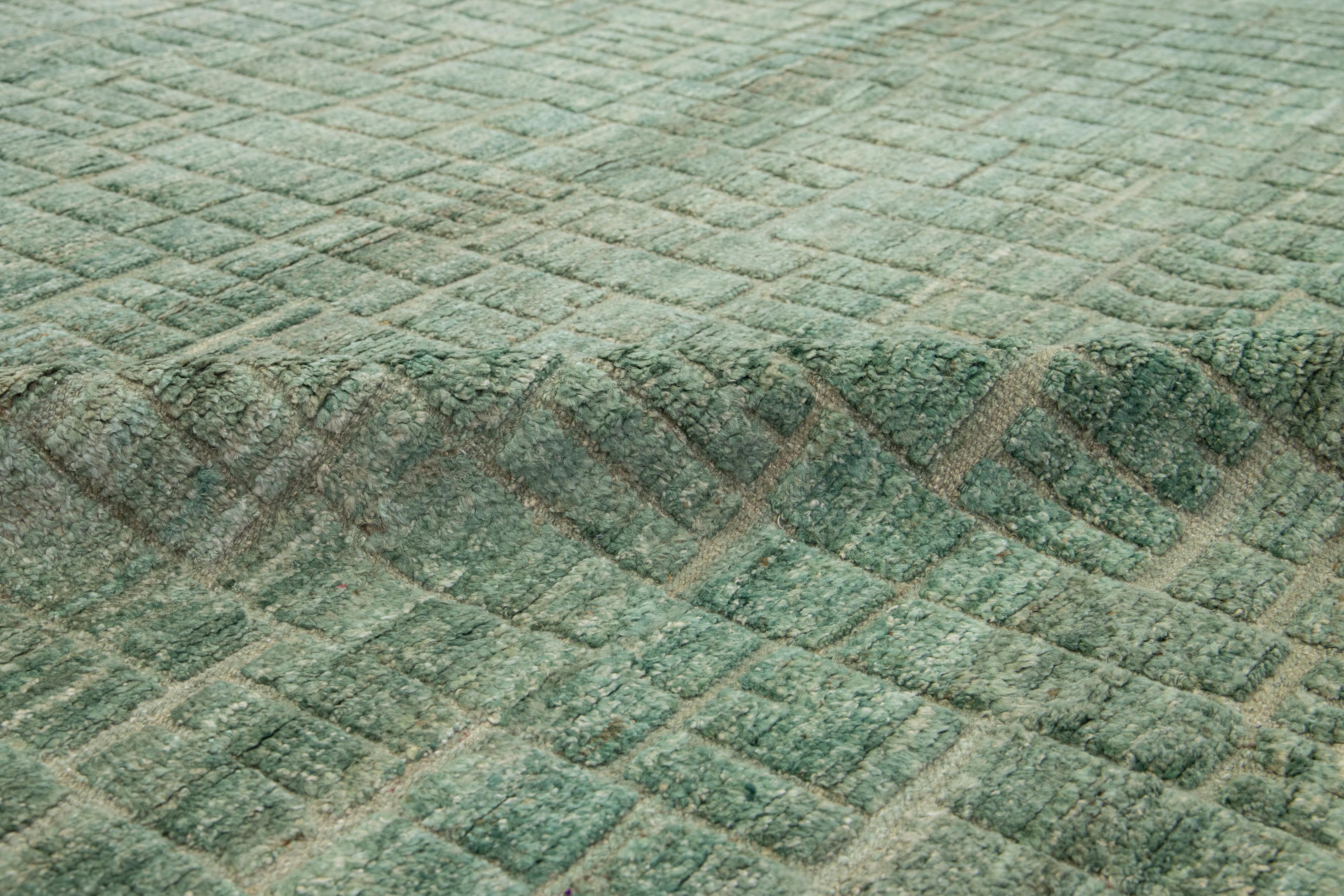 12 x 15 Modern Designed Moroccan Organic Green Wool Rug In New Condition For Sale In Norwalk, CT