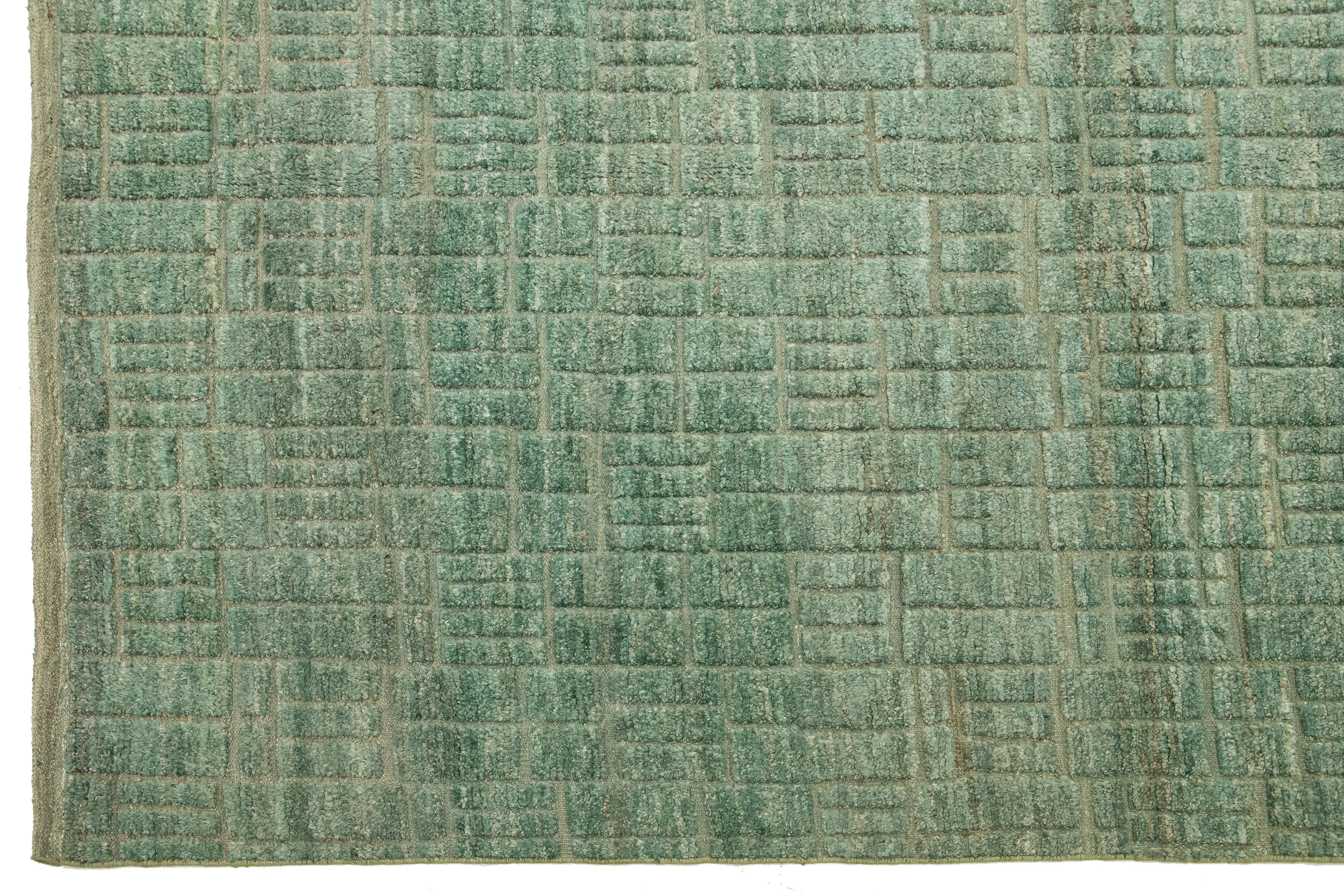 Contemporary 12 x 15 Modern Designed Moroccan Organic Green Wool Rug For Sale