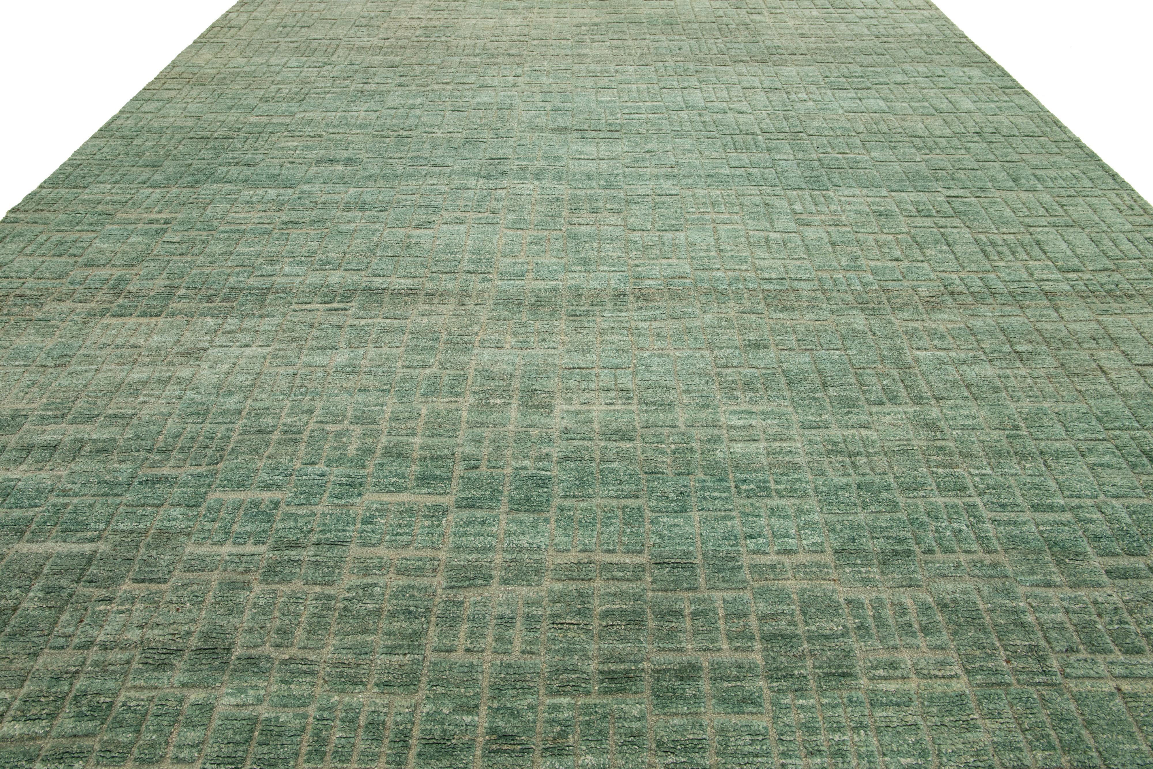 12 x 15 Modern Designed Moroccan Organic Green Wool Rug For Sale 1