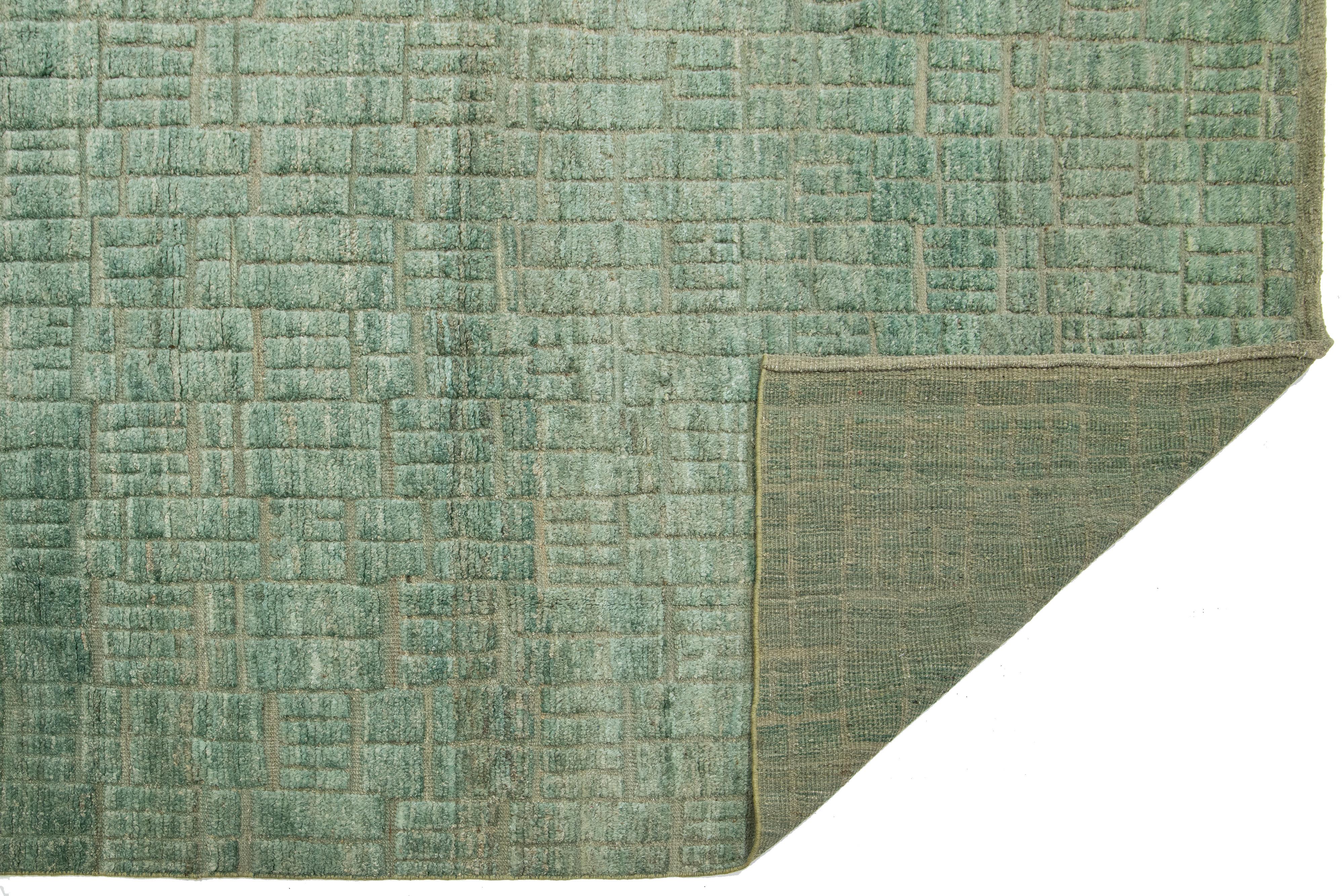 12 x 15 Modern Designed Moroccan Organic Green Wool Rug For Sale 2
