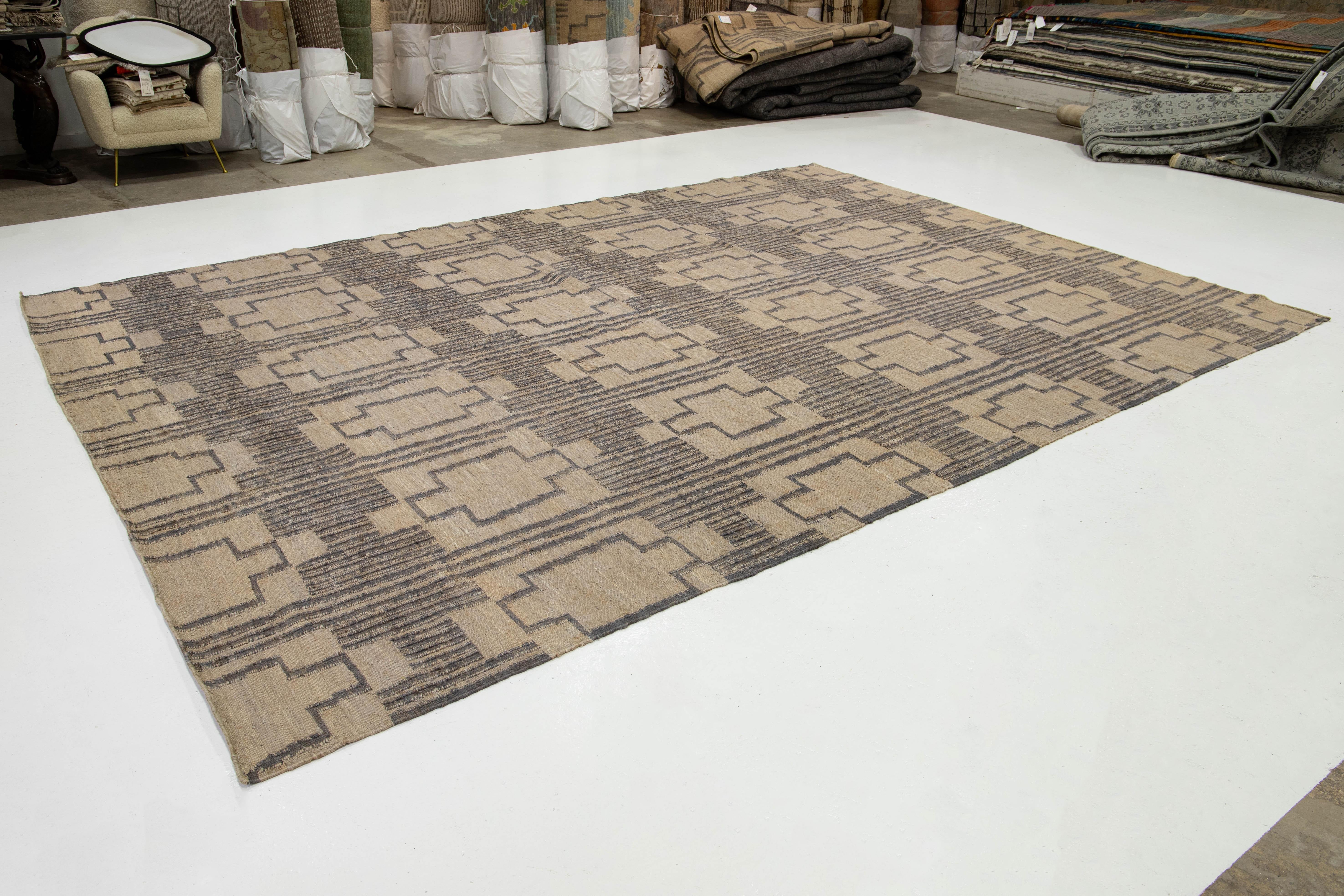 Indian 12 x 15 Modern Dhurrie Designed Natural Jute Rug For Sale