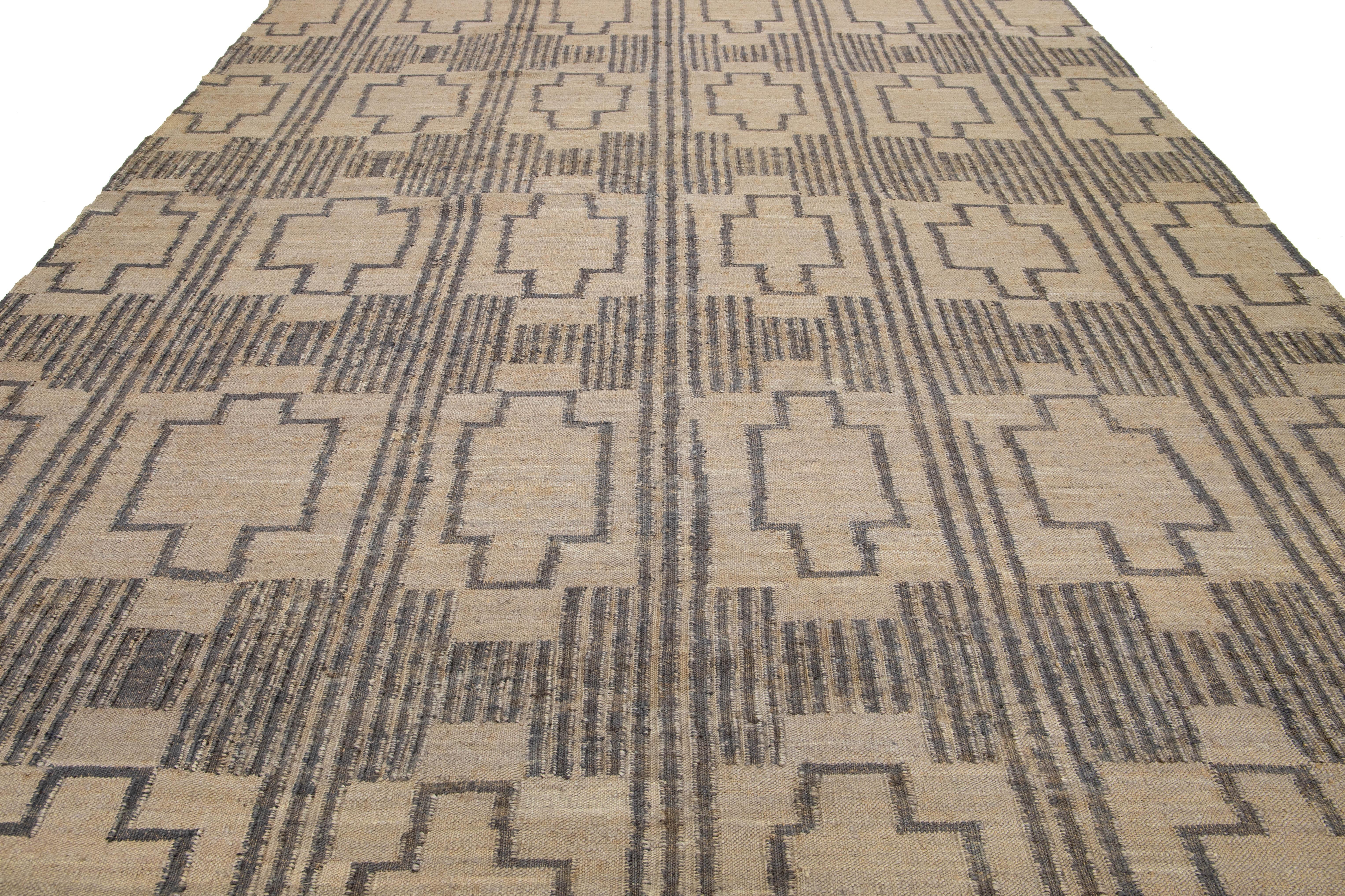 Contemporary 12 x 15 Modern Dhurrie Designed Natural Jute Rug For Sale