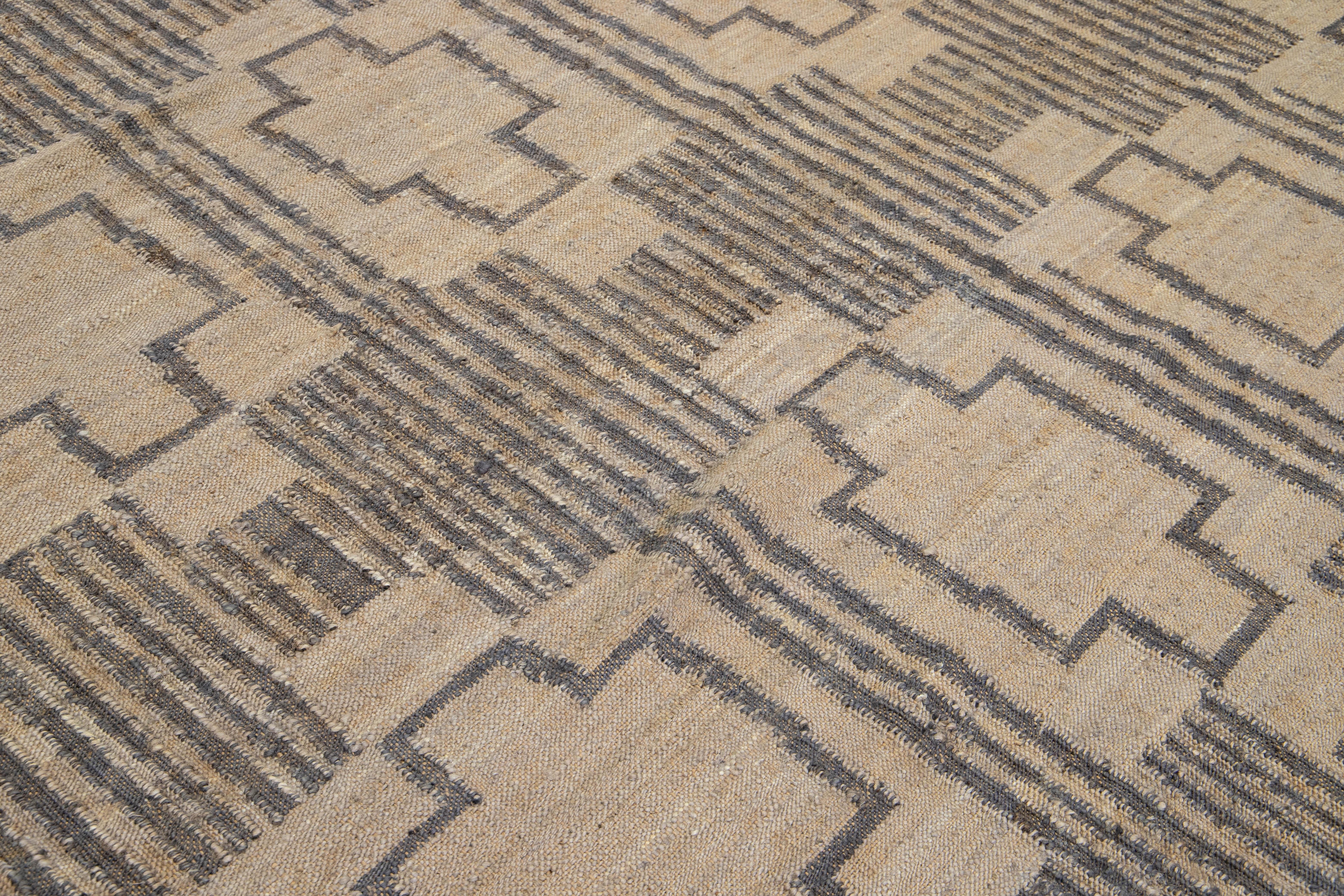 12 x 15 Modern Dhurrie Designed Natural Jute Rug For Sale 1