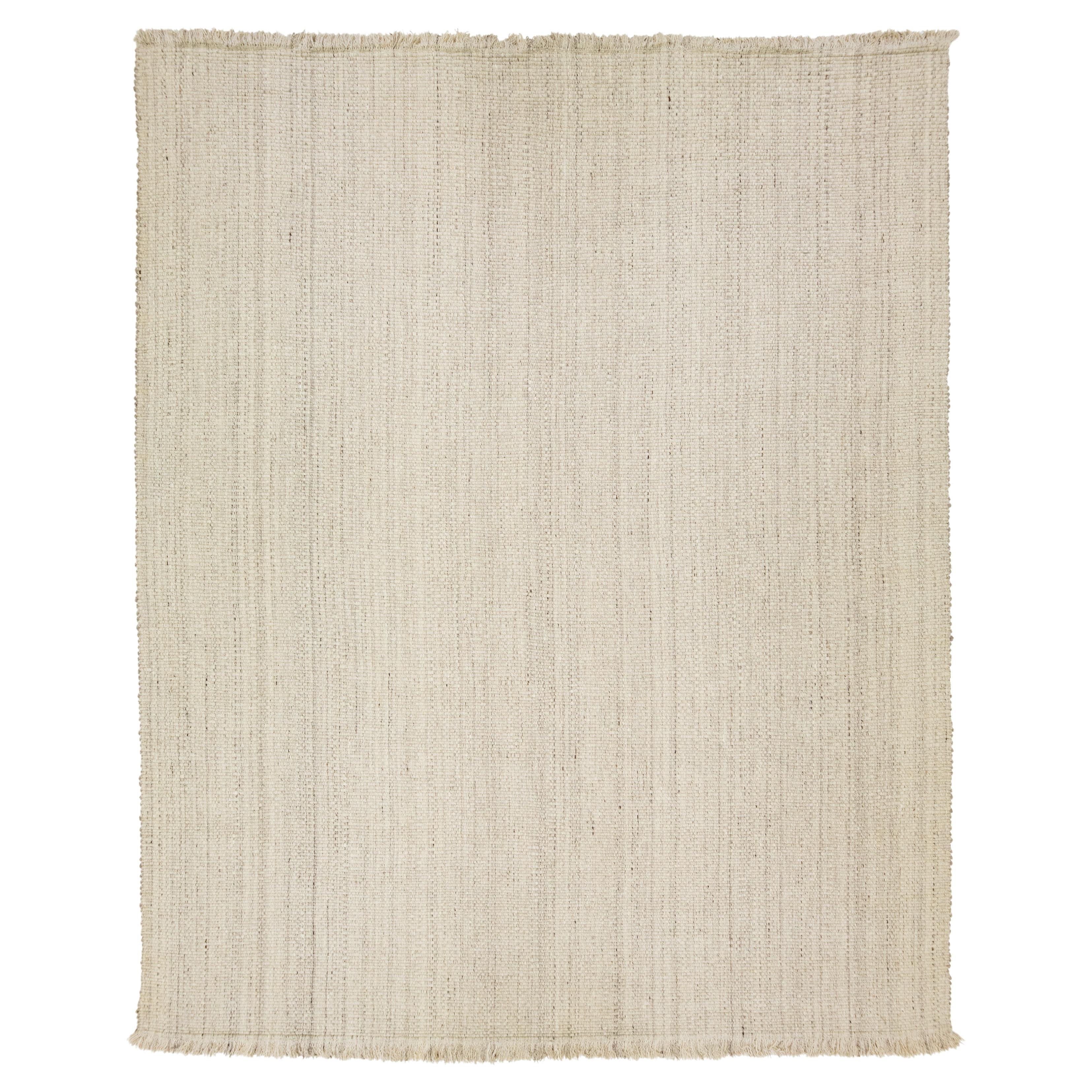 12 x 15  Tappeto moderno in lana beige a tessitura piatta con design geometrico