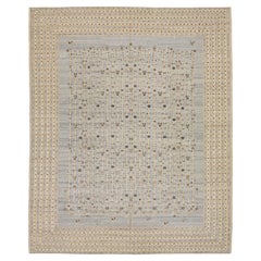 12 x 15 Modern Handmade Soumak Wool Rug - Grey 
Cream With Floral Design