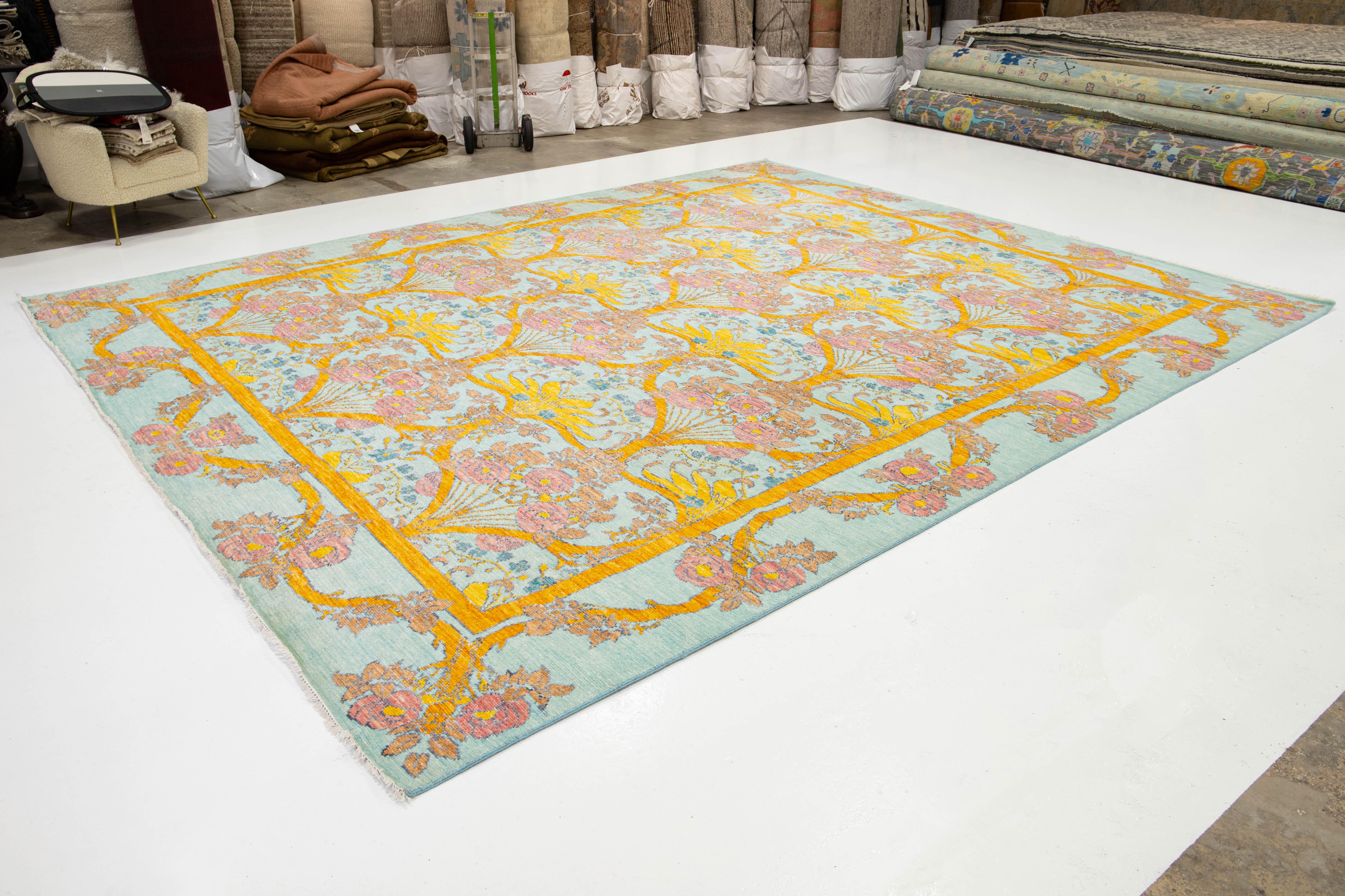 12 x 15 Alfombra Moderna De Lana Estilo Oushak En Azul Claro Con Motivo Allover Anudado a mano en venta