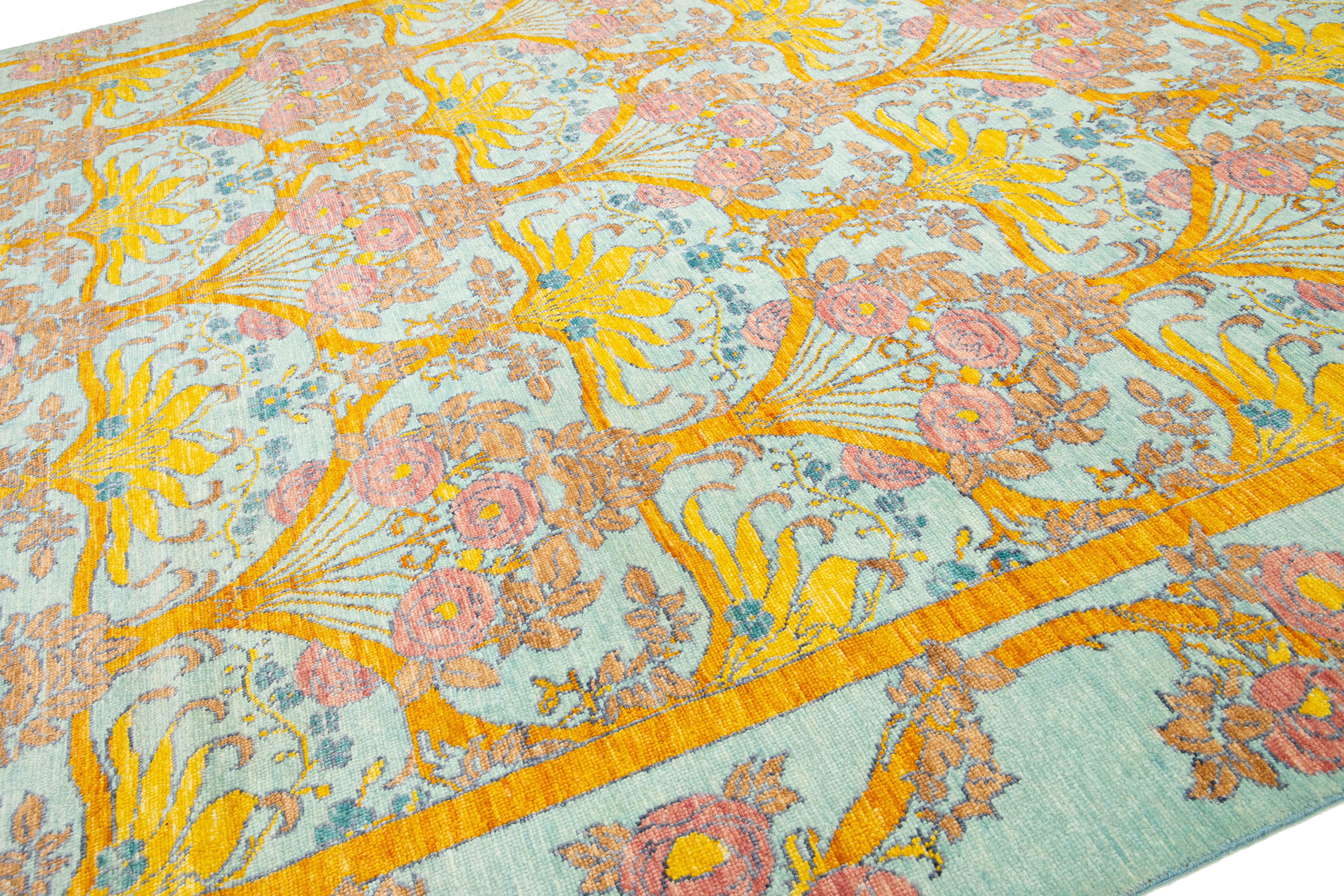 12 x 15 Alfombra Moderna De Lana Estilo Oushak En Azul Claro Con Motivo Allover Siglo XXI y contemporáneo en venta