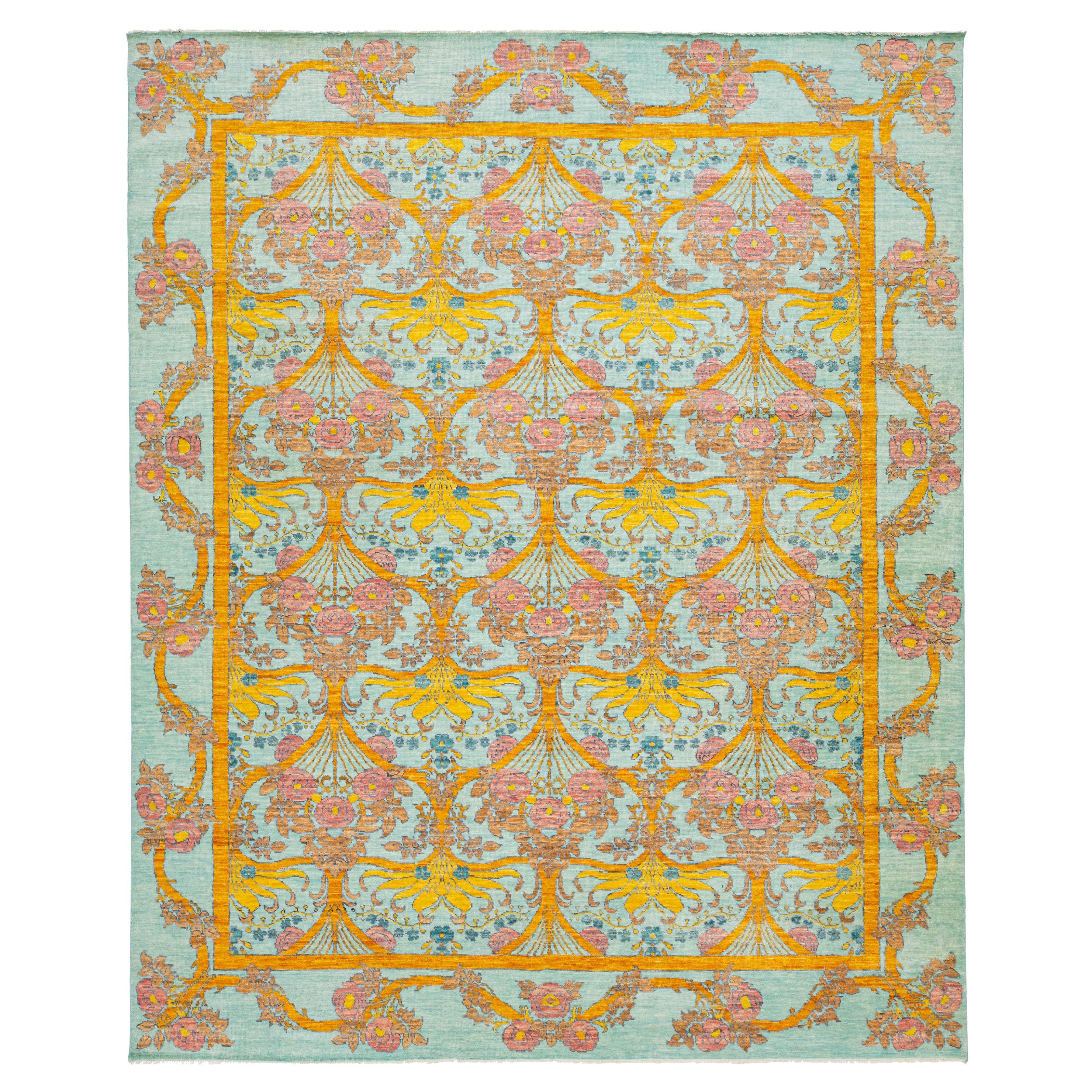 12 x 15 Tapis moderne en laine de style Oushak, bleu clair, avec motif Allover