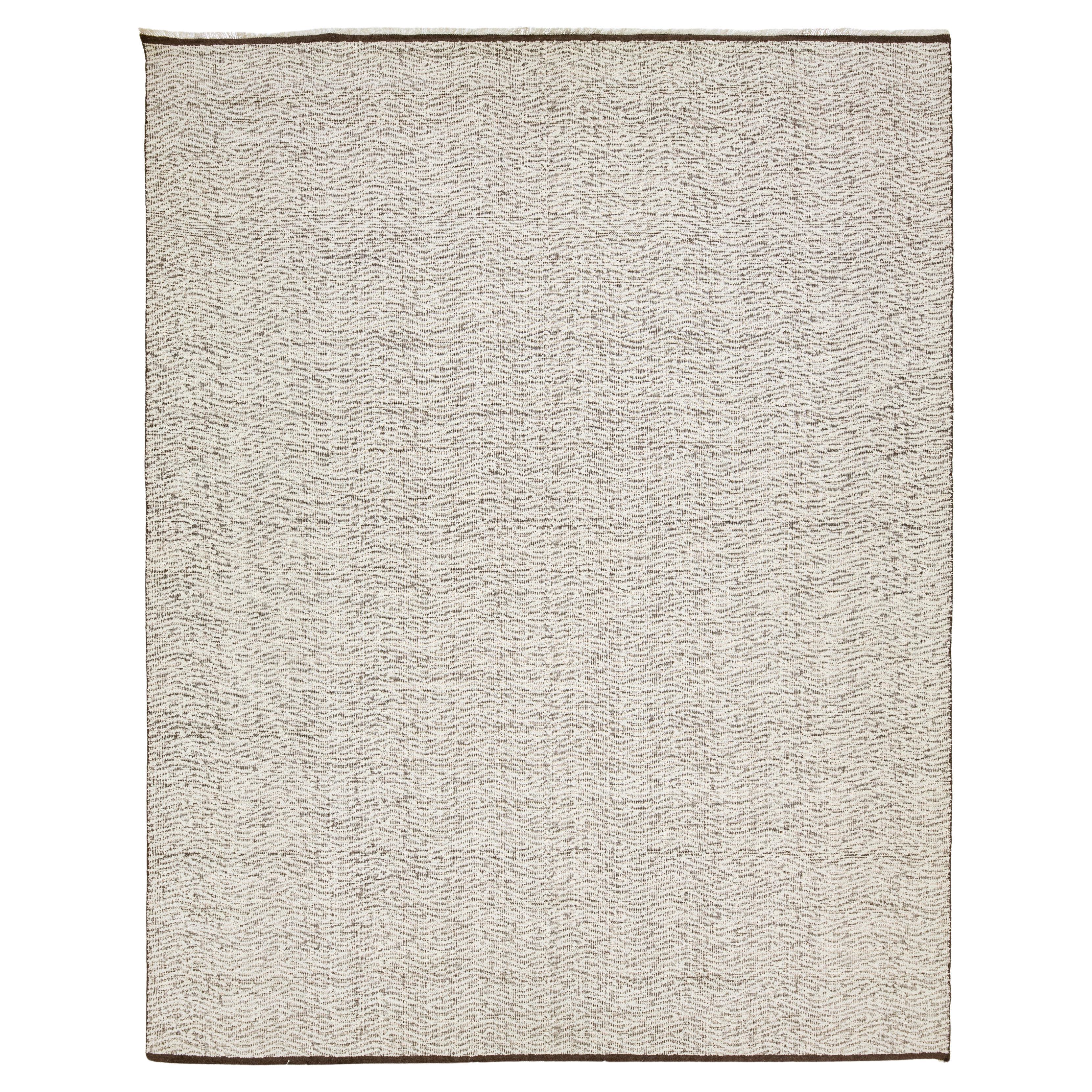 12 x 15 Organic Modern Flatweave Designed Wollteppich In Brown und Elfenbein