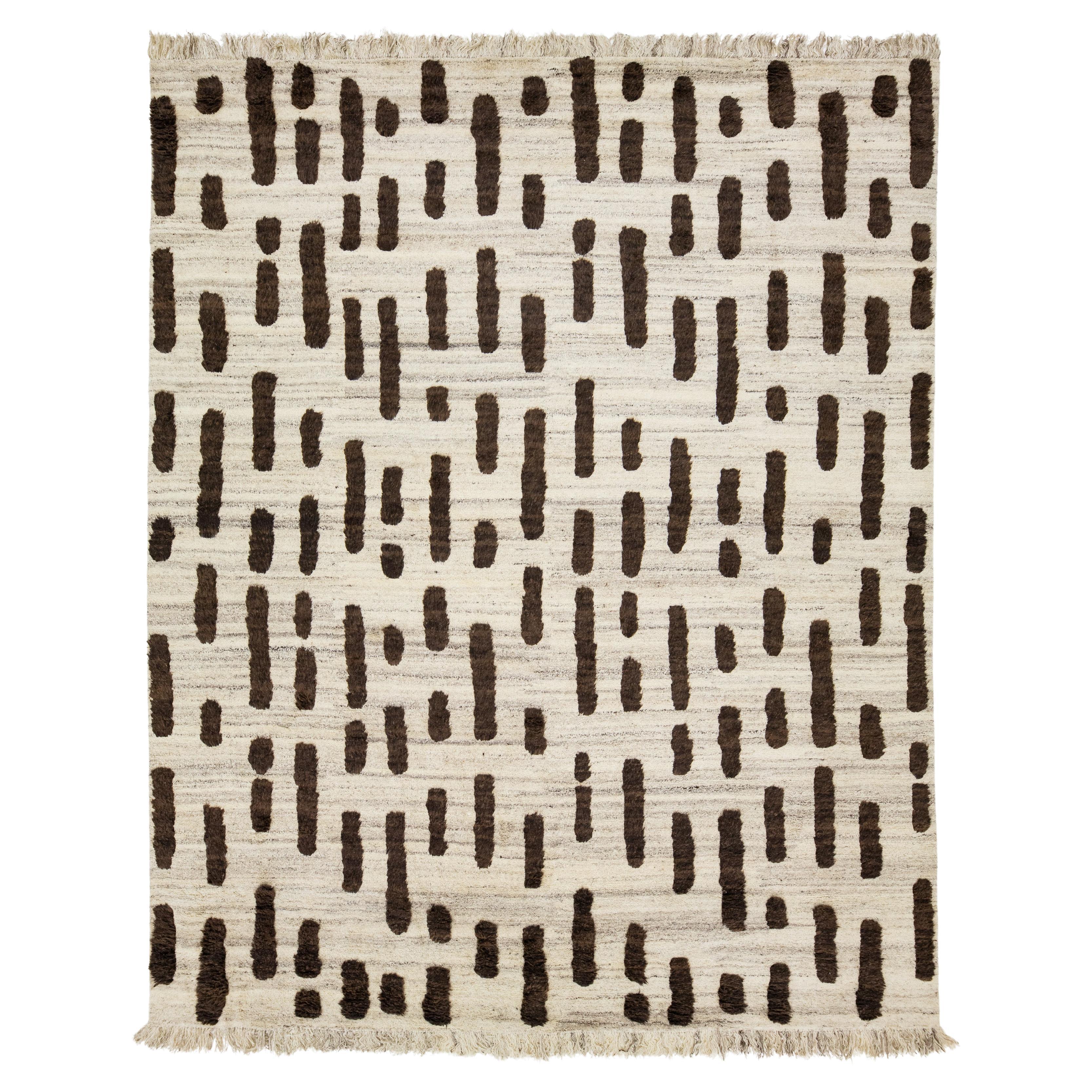 12 x 15 Organic Modern Moroccan Beige Wool Rug with Brown Geometric Pattern