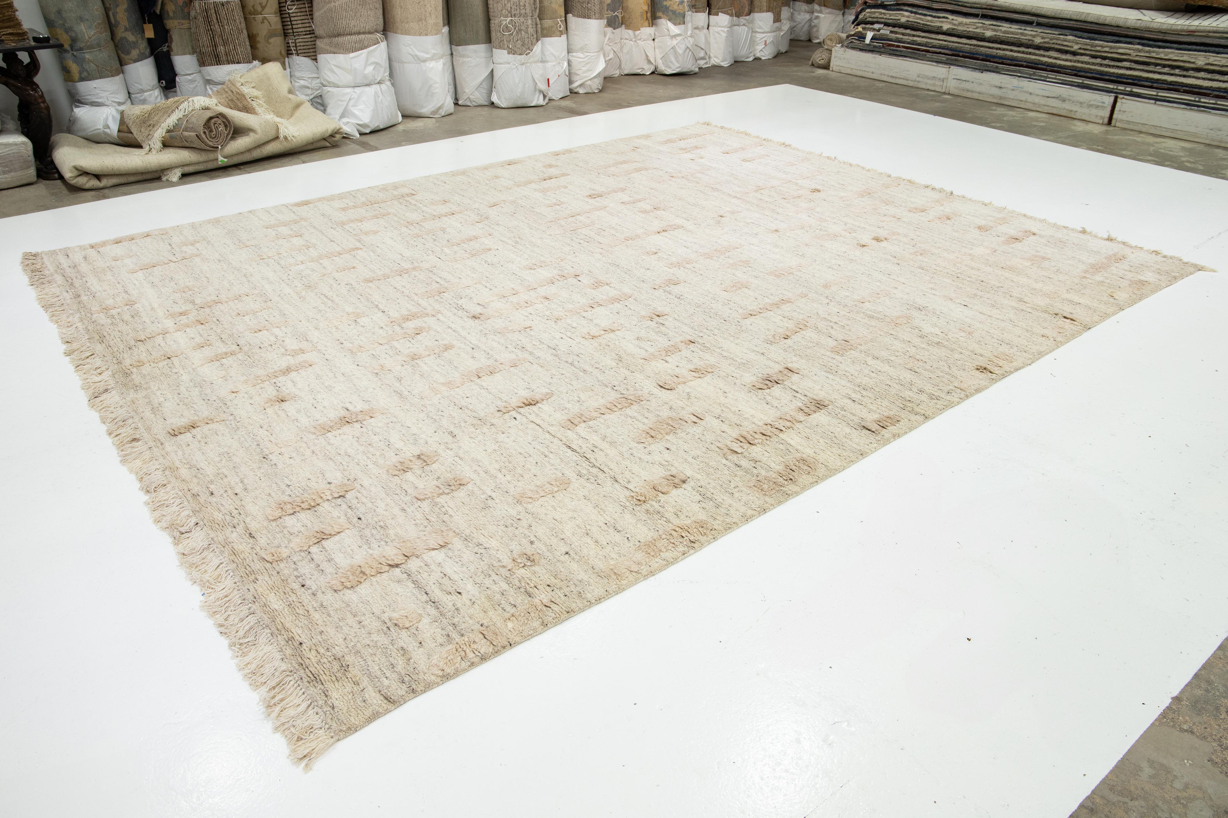 Organic Modern 12 x 15 Room Size Modern Moroccan Designed Wool Rug In Beige For Sale