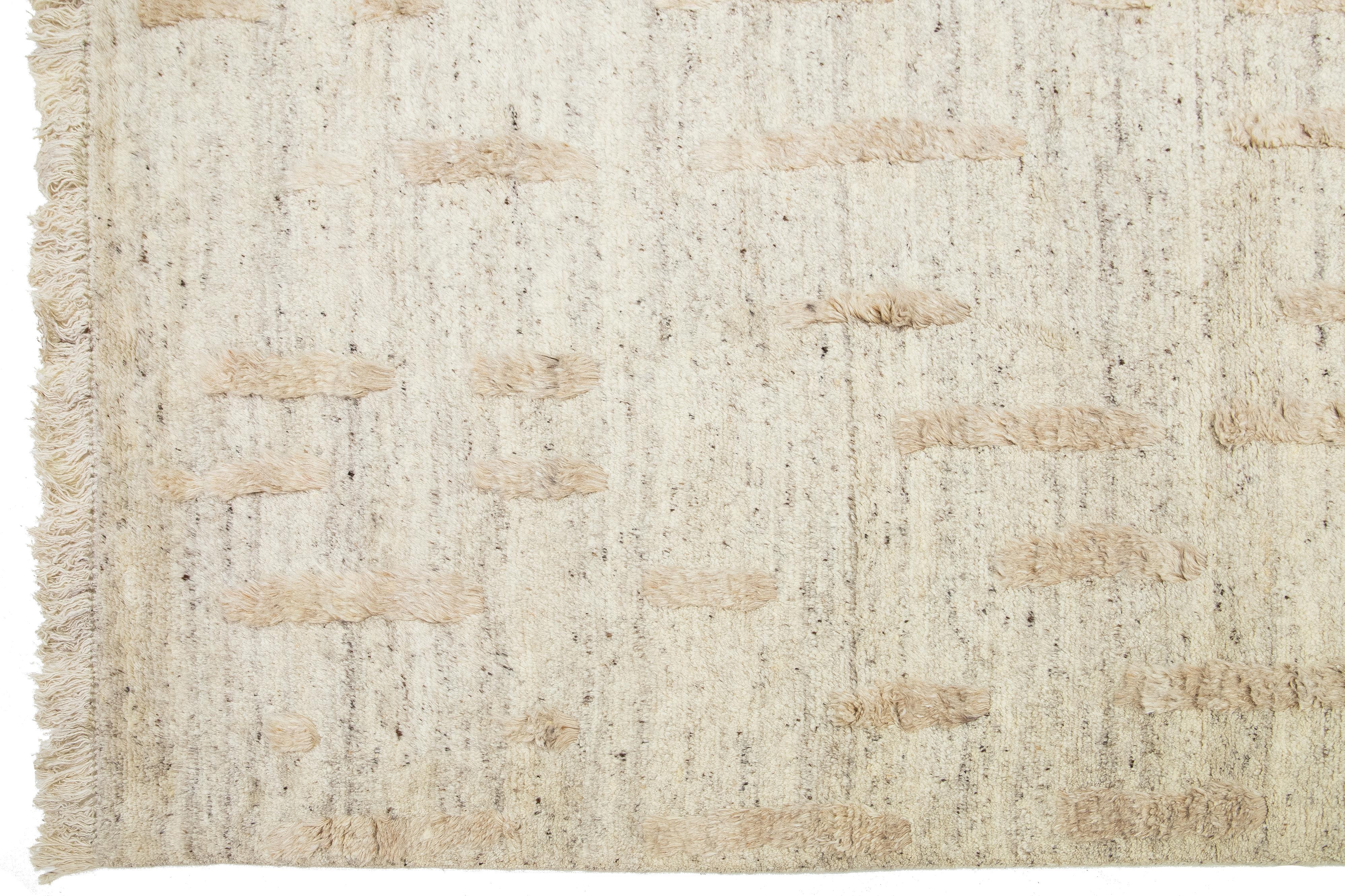 Contemporary 12 x 15 Room Size Modern Moroccan Designed Wool Rug In Beige For Sale