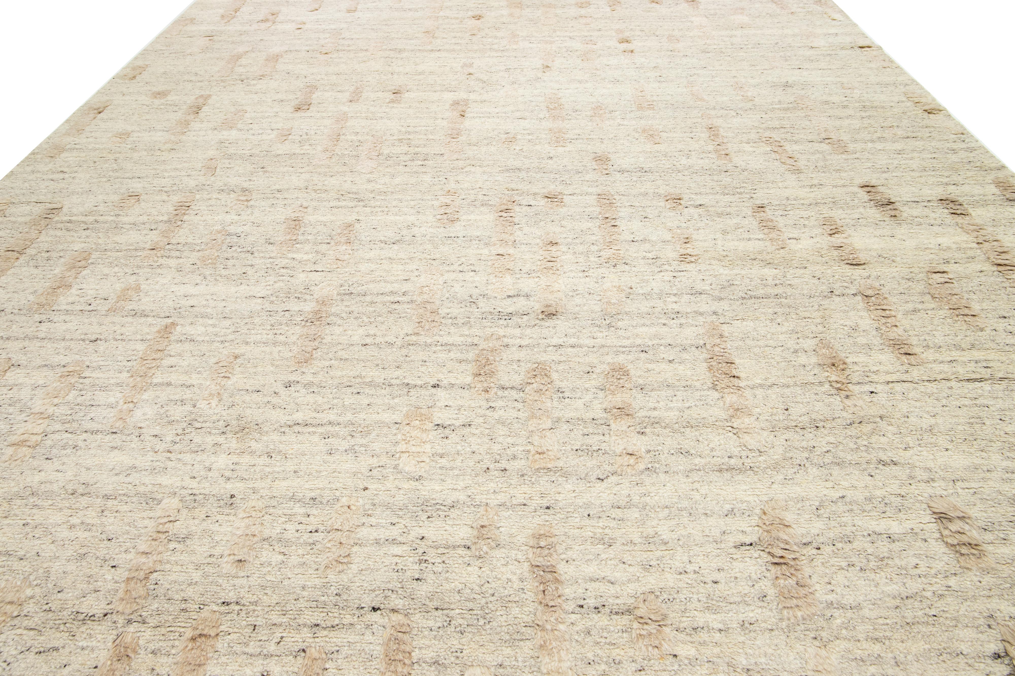 12 x 15 Room Size Modern Moroccan Designed Wool Rug In Beige For Sale 1