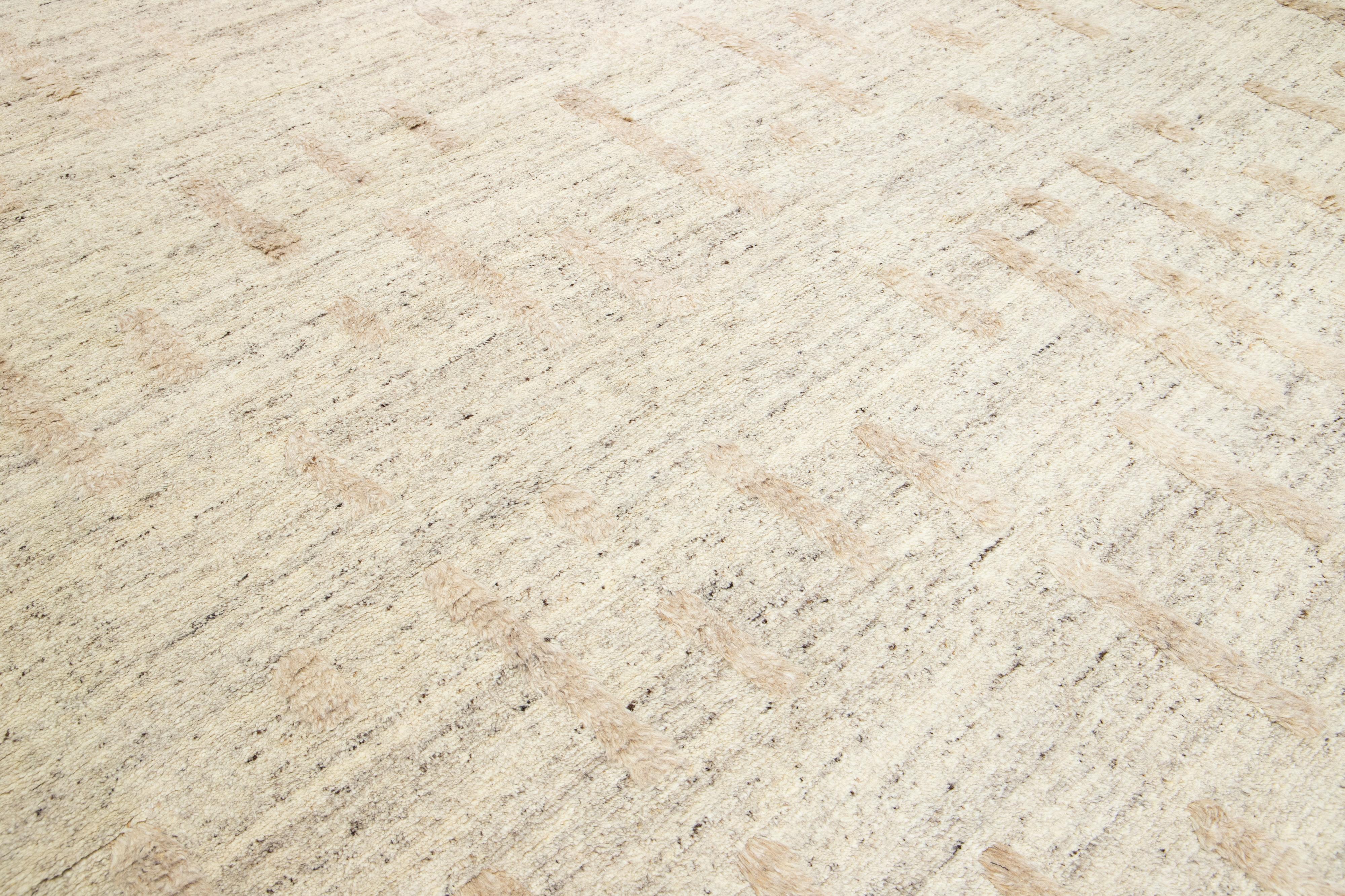 12 x 15 Room Size Modern Moroccan Designed Wool Rug In Beige For Sale 2
