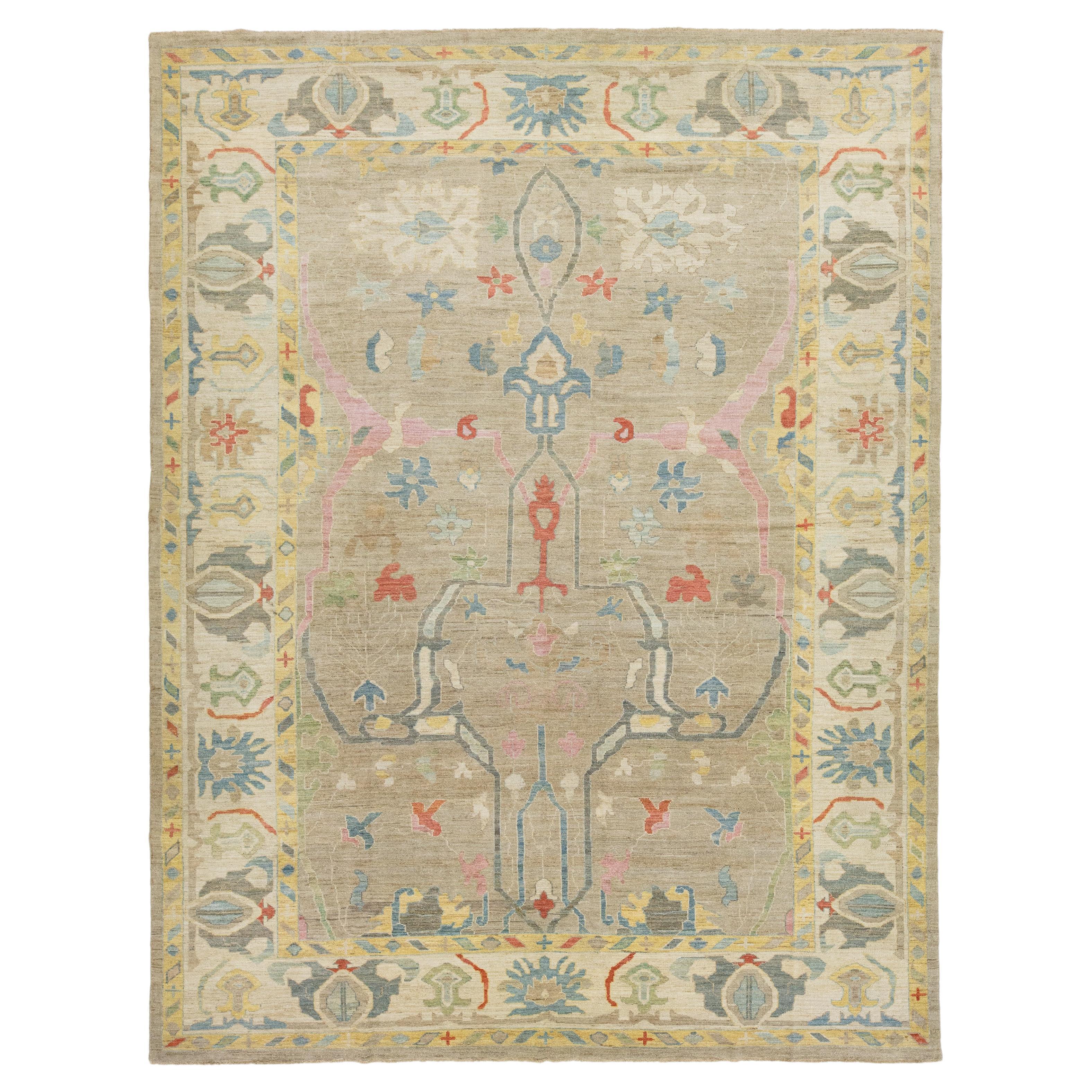 Apadana's Modern Sultanabad Designed Wool Rug Handmade In Ligth Brown