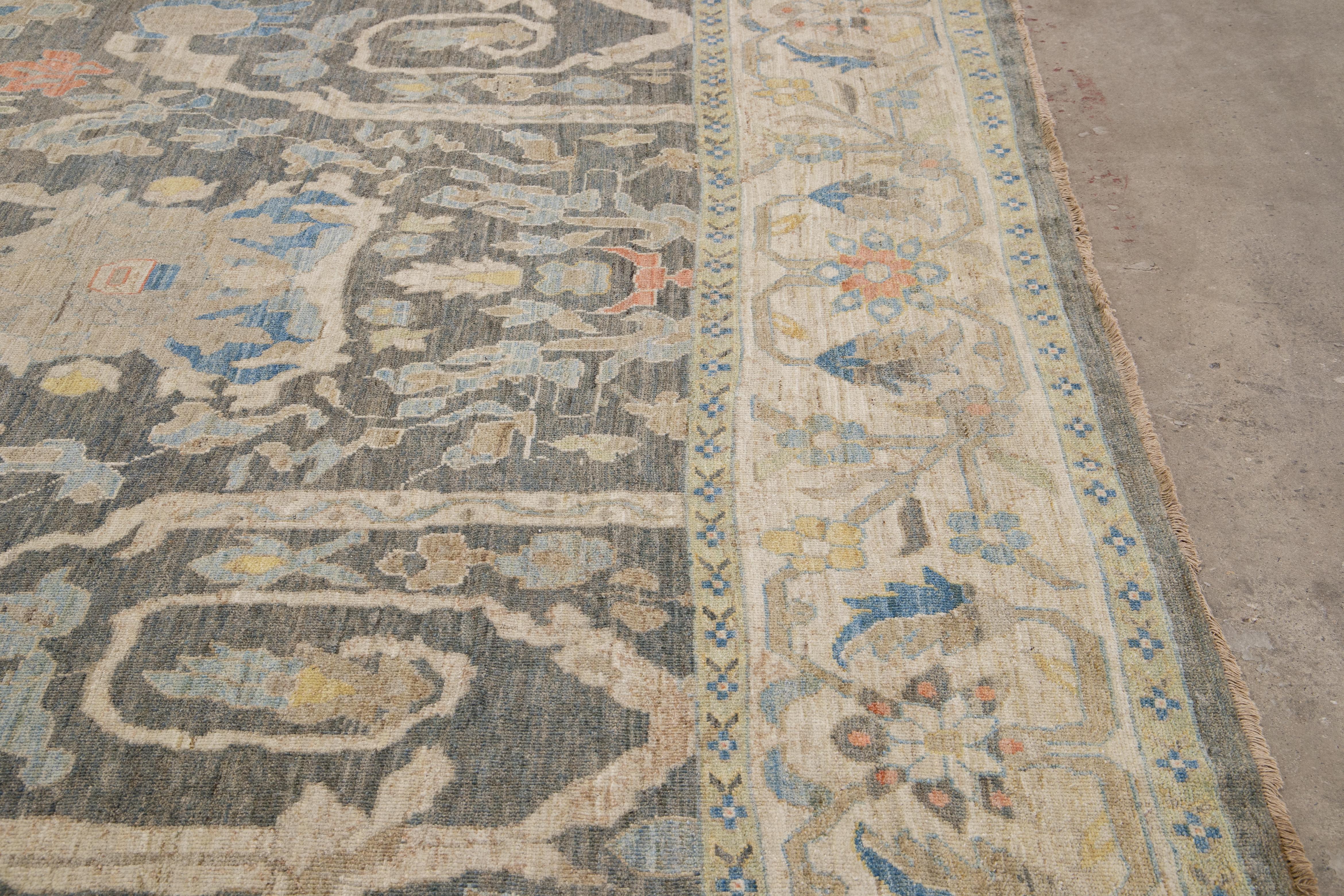 12 x 17 Moderner Sultanabad Wollteppich Handgefertigt In Blau Mit Floralem Design im Angebot 4