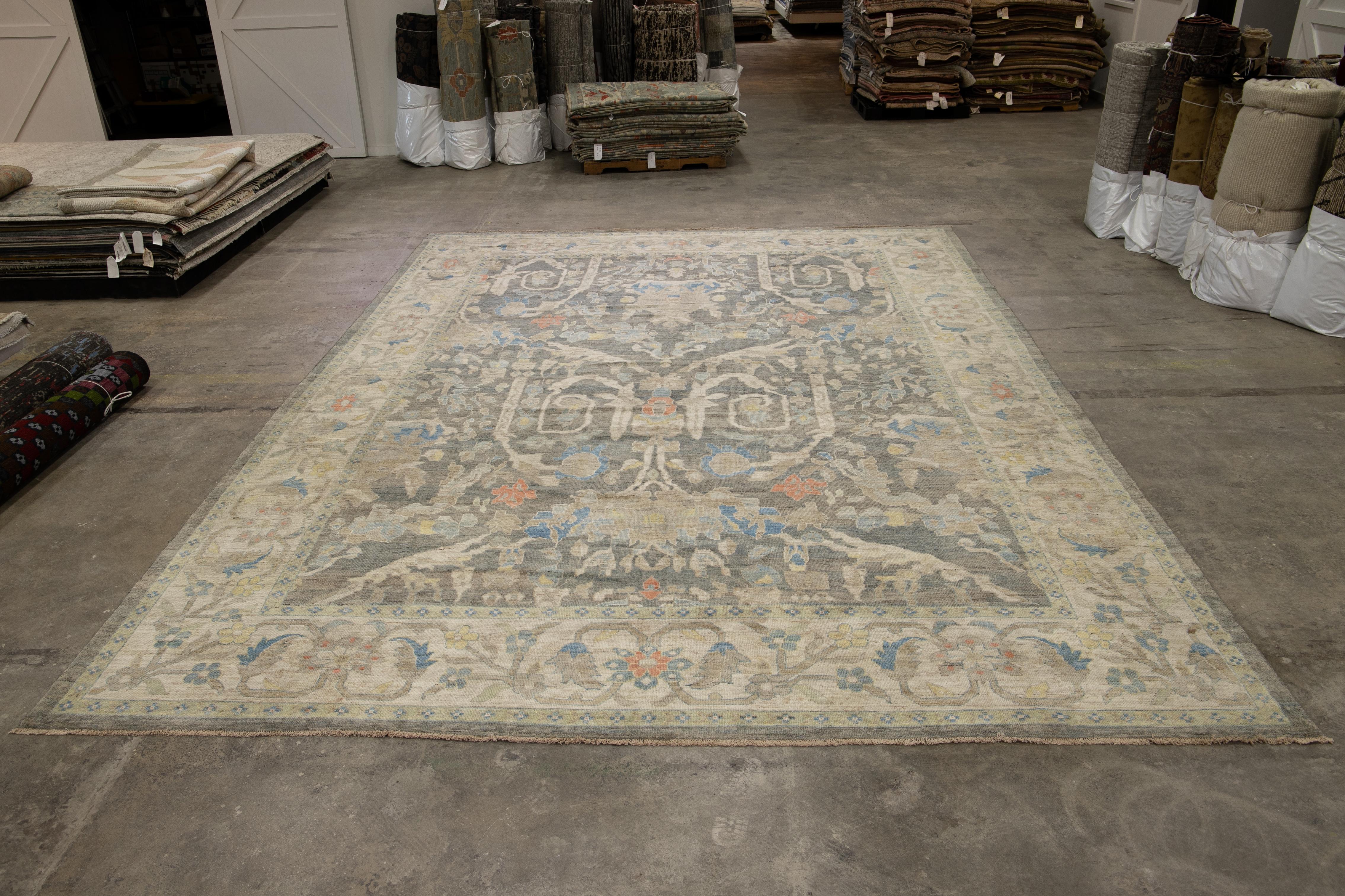 12 x 17 Moderner Sultanabad Wollteppich Handgefertigt In Blau Mit Floralem Design im Angebot 5