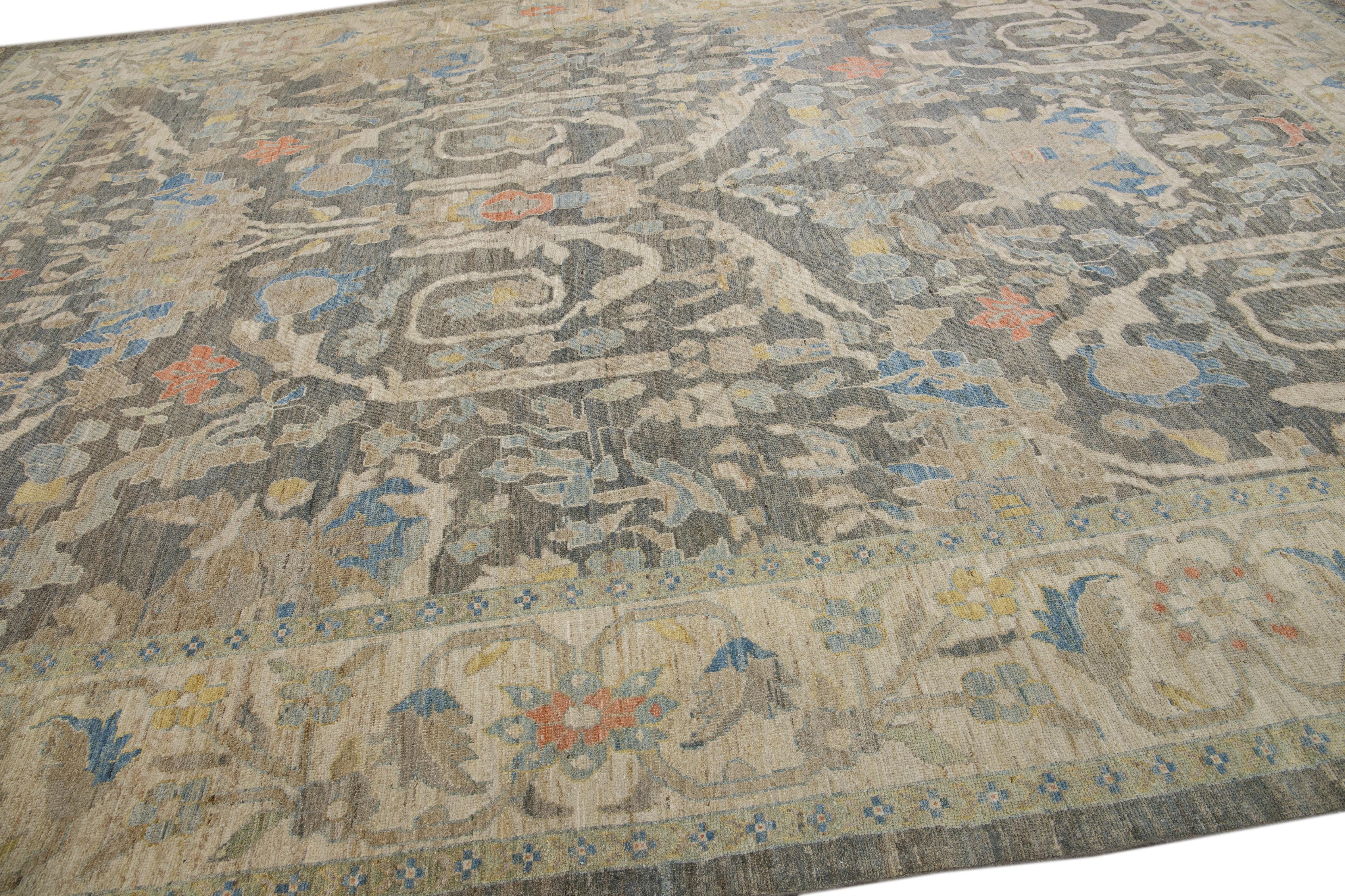 12 x 17 Moderner Sultanabad Wollteppich Handgefertigt In Blau Mit Floralem Design (Persisch) im Angebot