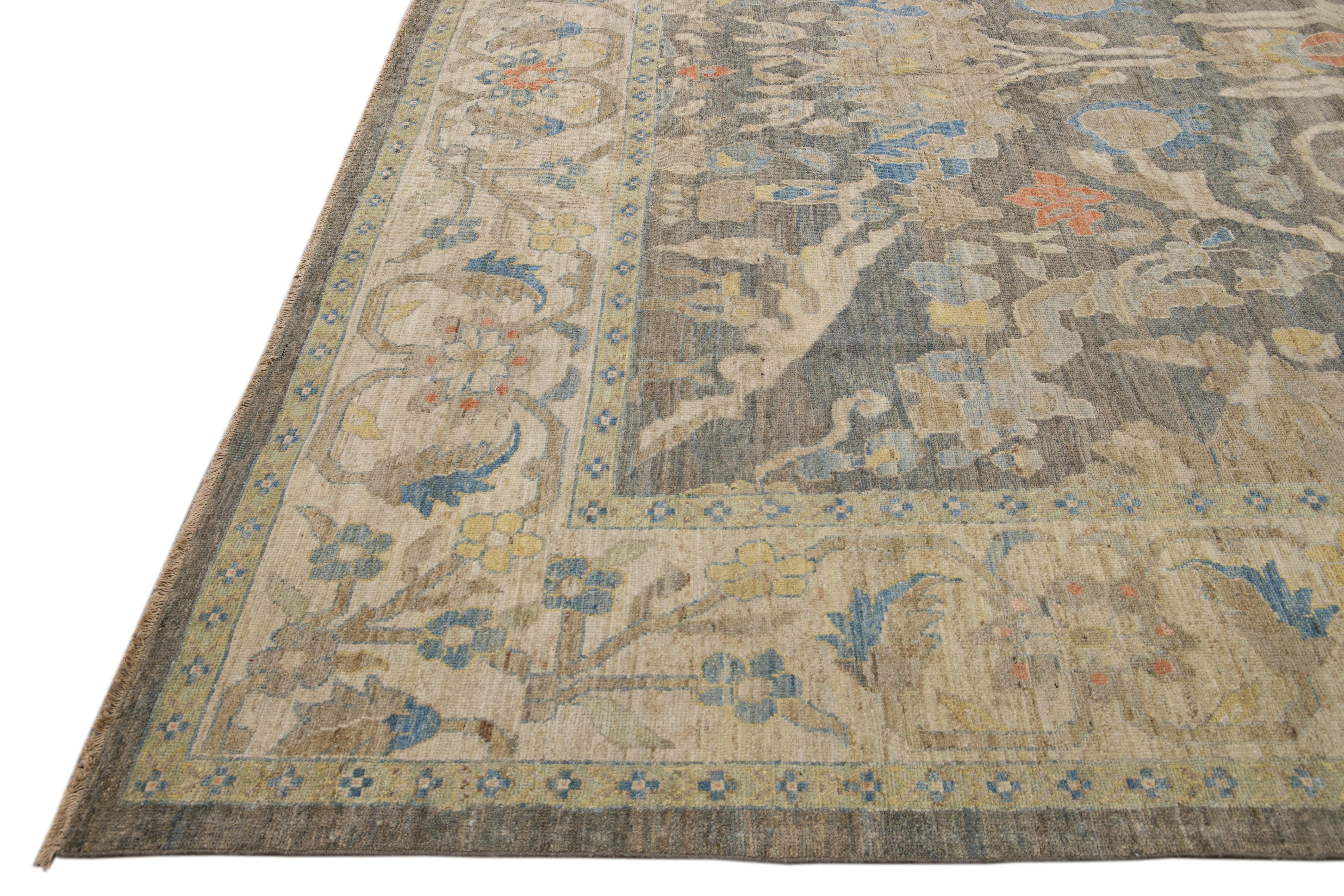 12 x 17 Moderner Sultanabad Wollteppich Handgefertigt In Blau Mit Floralem Design (Handgeknüpft) im Angebot
