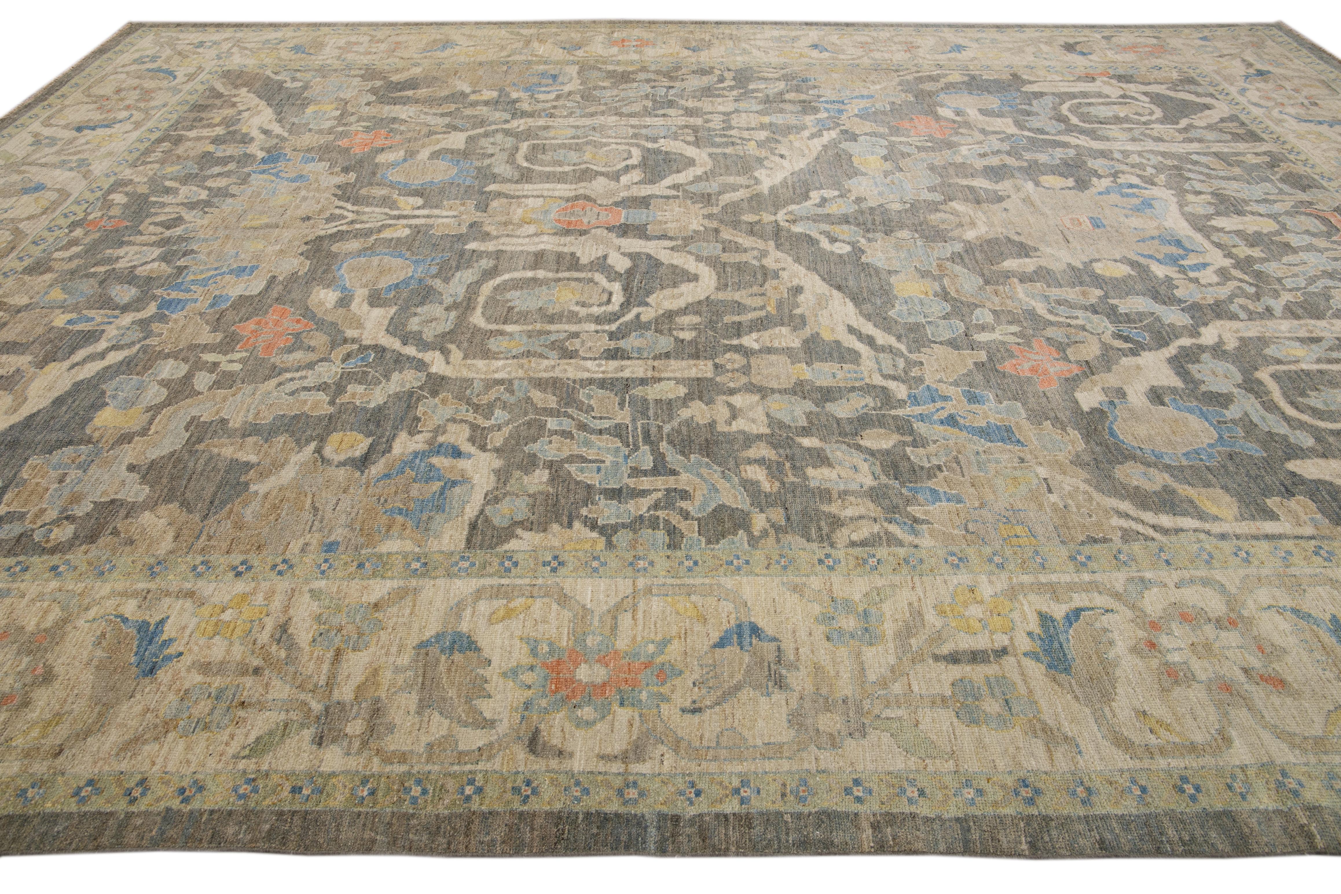 12 x 17 Moderner Sultanabad Wollteppich Handgefertigt In Blau Mit Floralem Design im Zustand „Neu“ im Angebot in Norwalk, CT