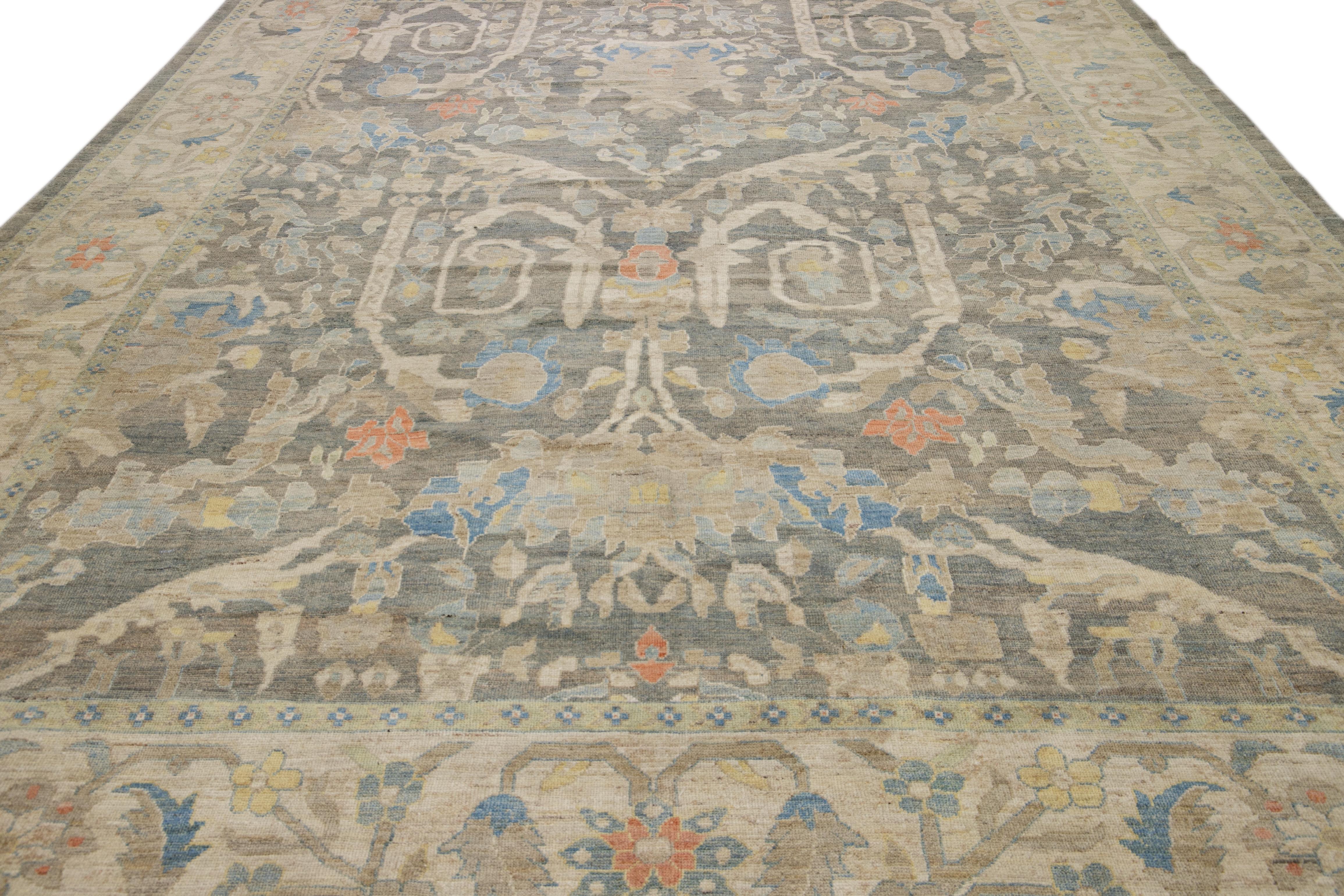 12 x 17 Moderner Sultanabad Wollteppich Handgefertigt In Blau Mit Floralem Design (Wolle) im Angebot