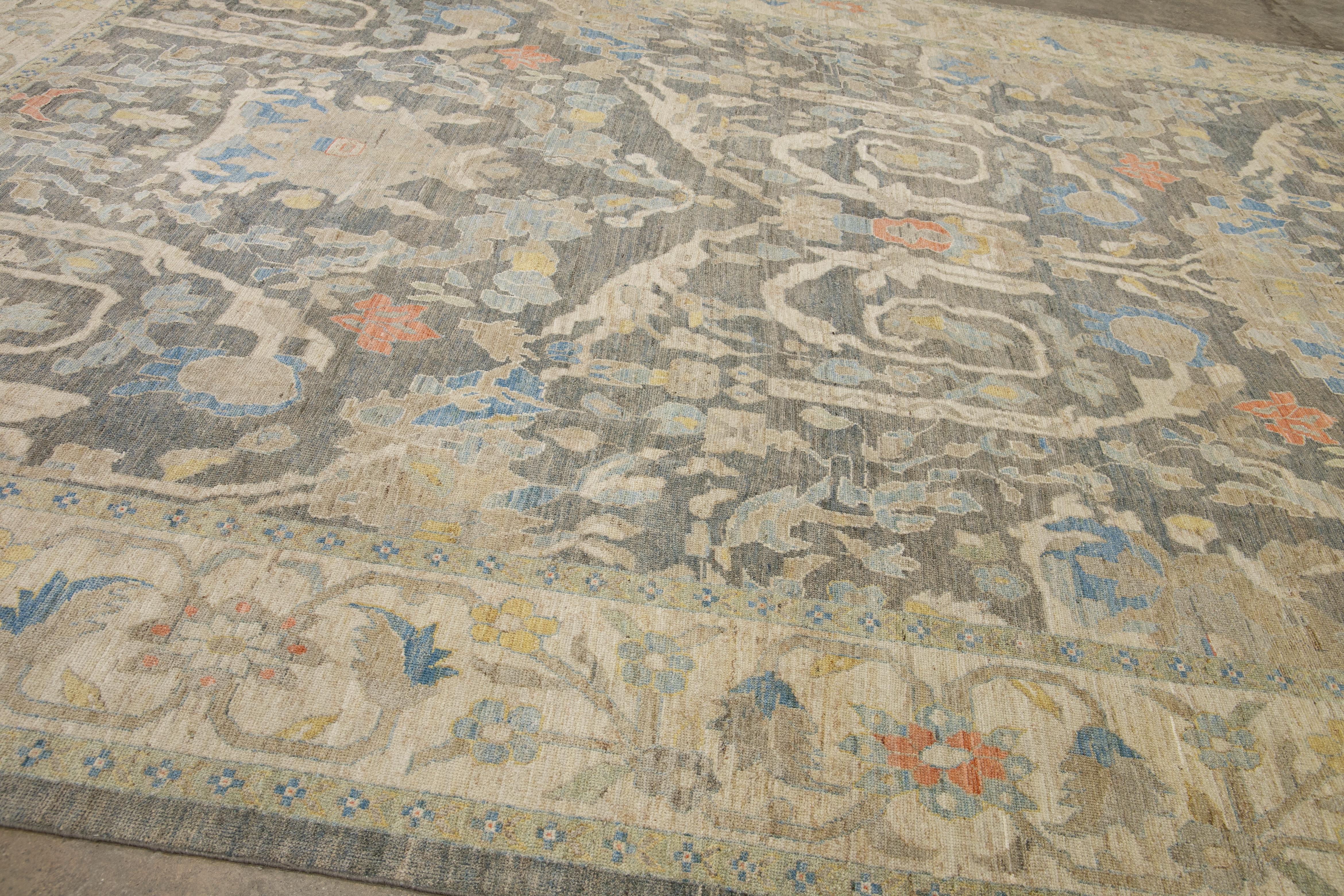 12 x 17 Moderner Sultanabad Wollteppich Handgefertigt In Blau Mit Floralem Design im Angebot 1