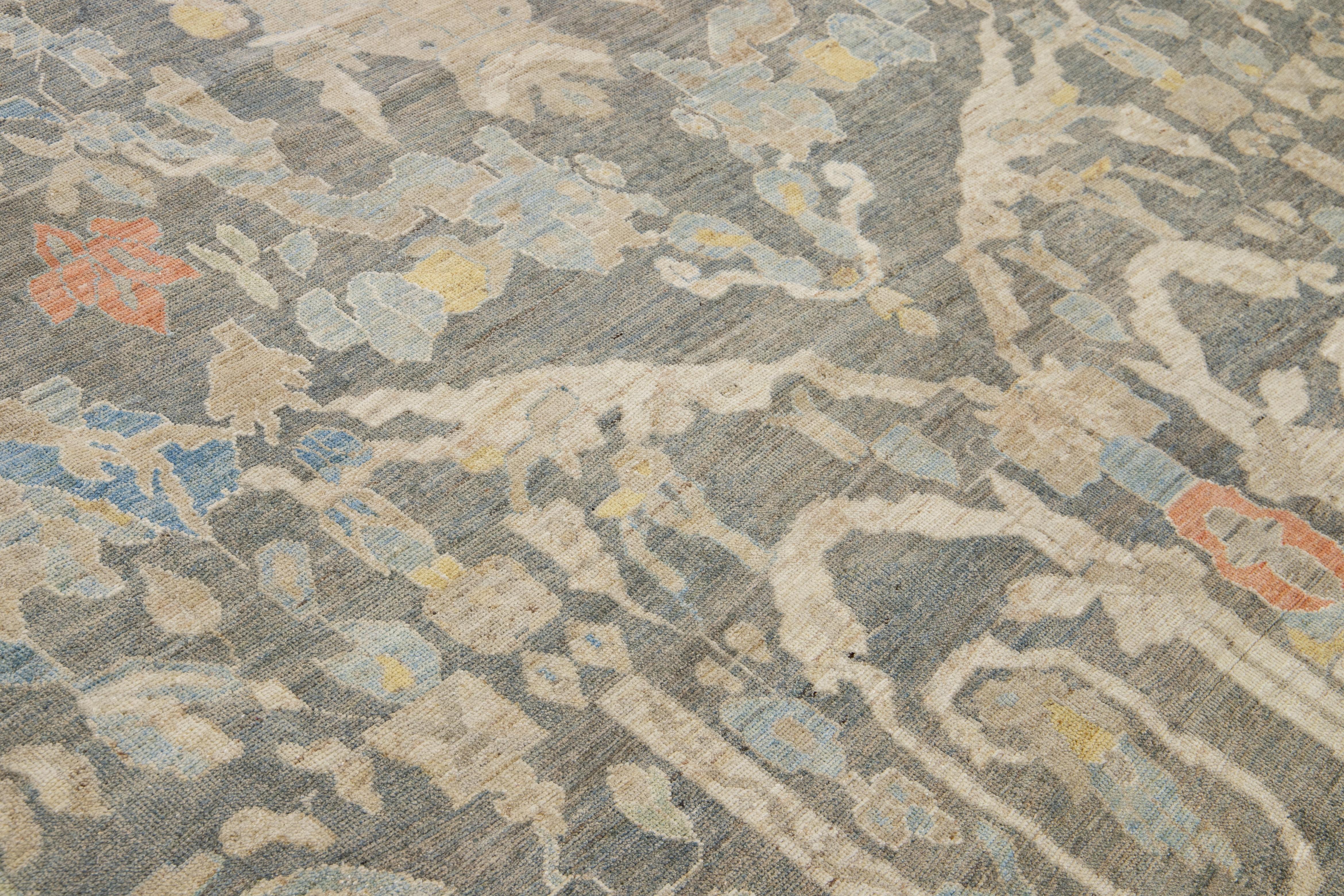 12 x 17 Moderner Sultanabad Wollteppich Handgefertigt In Blau Mit Floralem Design im Angebot 2