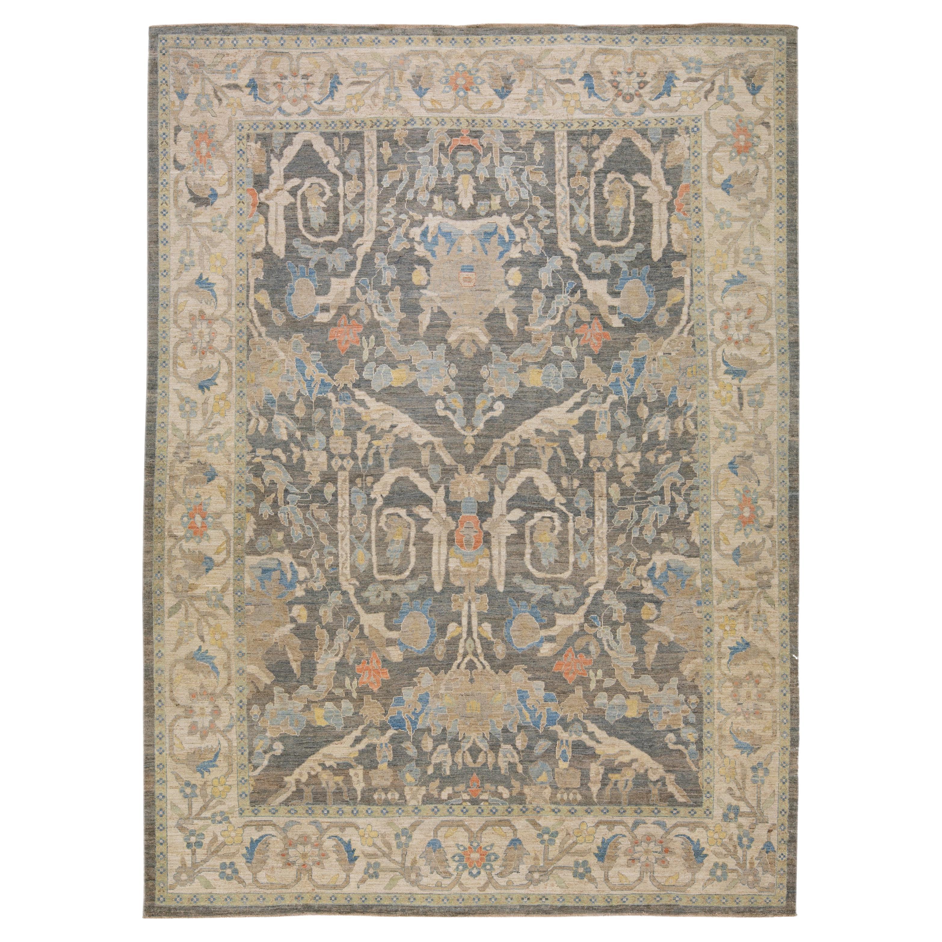 12 x 17 Modern Sultanabad Wool Rug Handmade In Blue With Floral Design