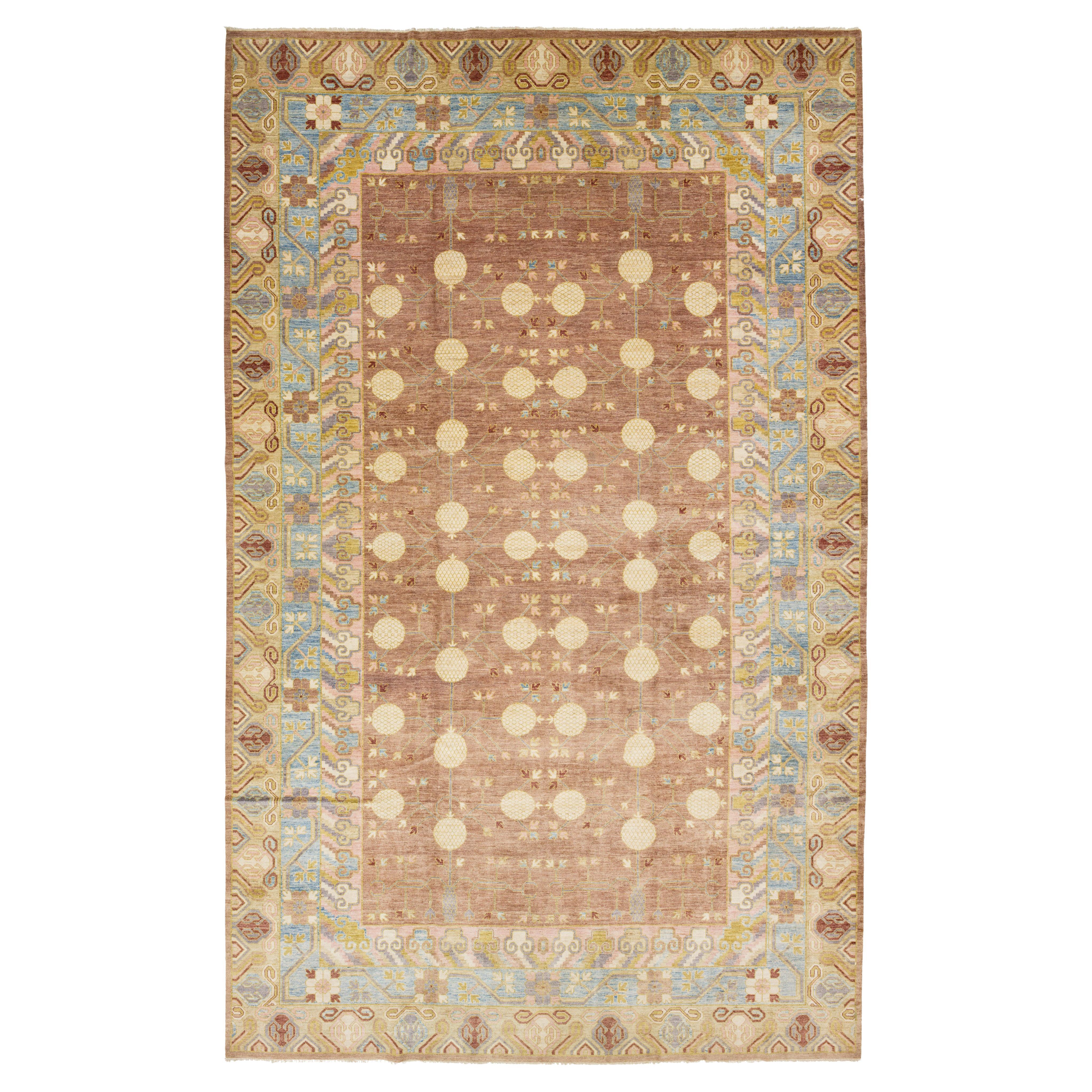 12 x 20 Brown Contemporary Khotan Style Wool Rug with Allover Design