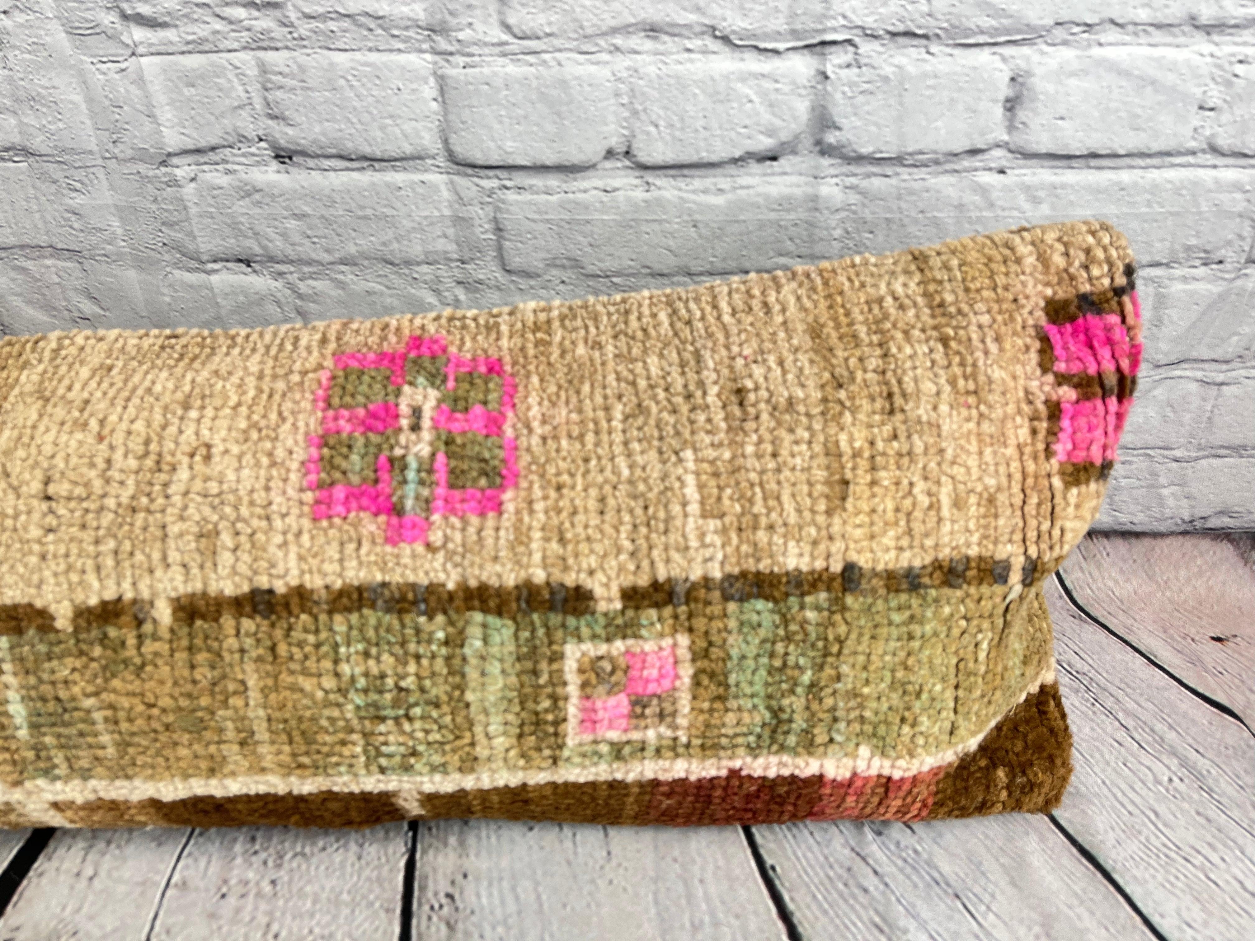 Hand-Knotted 12 x 46 Lumbar Rug Pillow Comfort Nook Turkish Pillow Cushion Cover #7756 For Sale