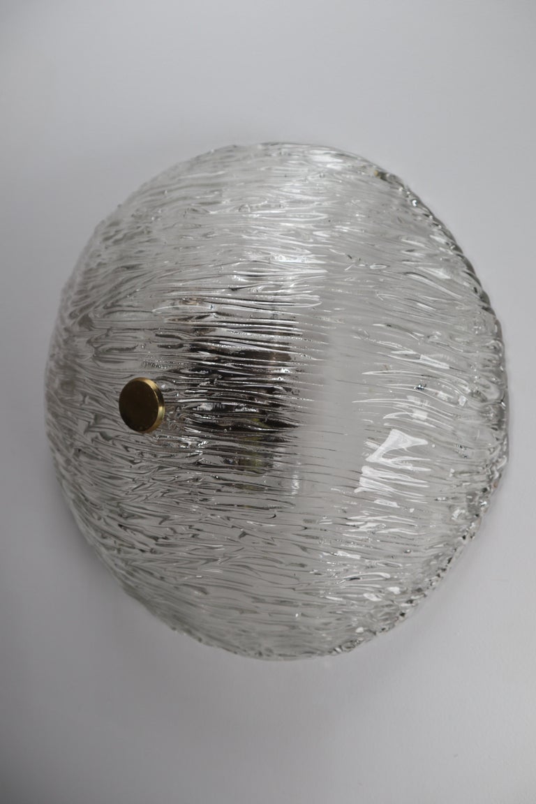 Brutalist 12 Round Modernist Textured Ice Glass Flush Mounts or Wall Lights with Brass For Sale