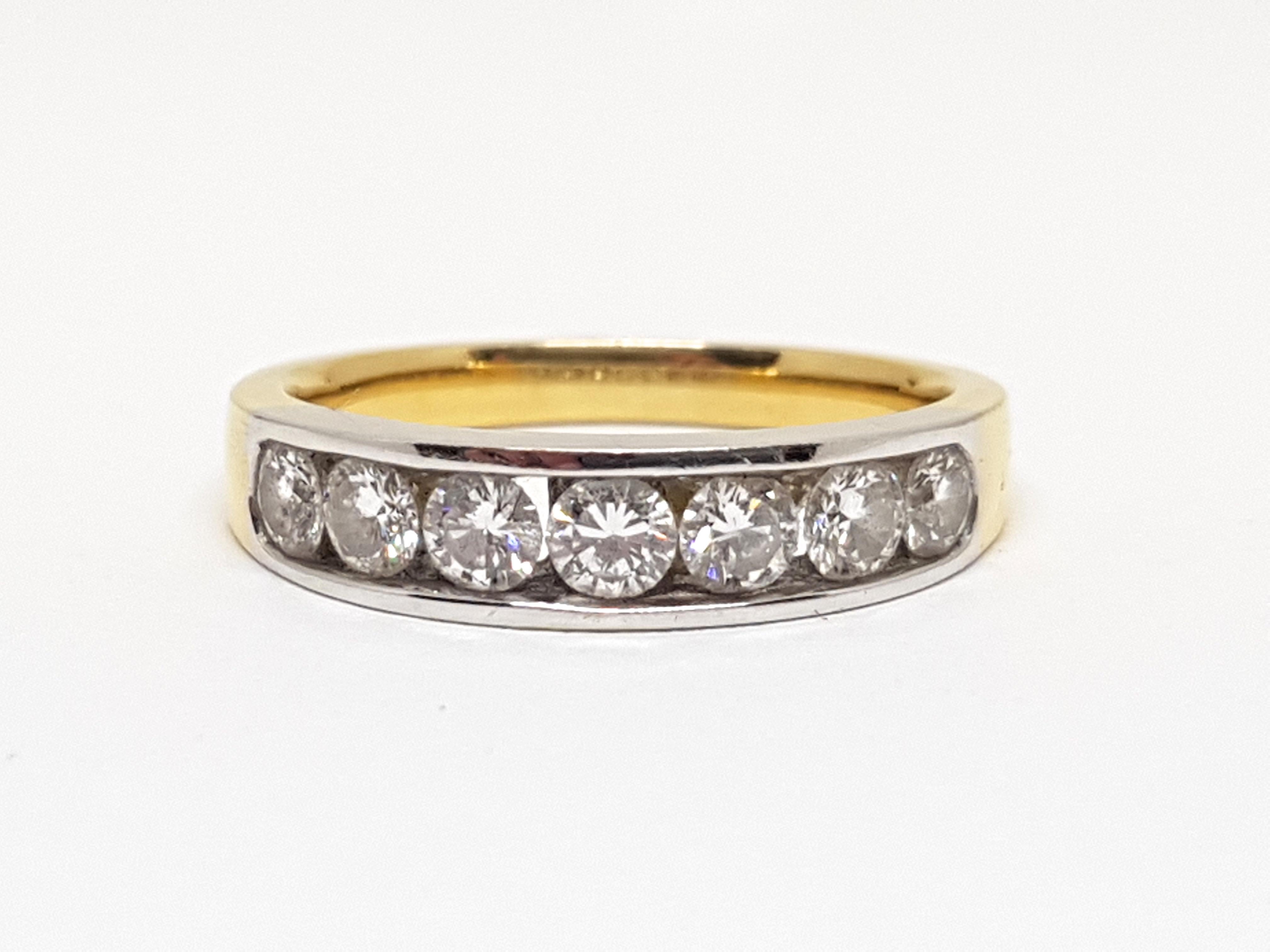 Gold: 18 Karat Yellow & White Gold 
Weight: 4.12 grams.
Diamonds: 1.20 ct. Color: F clarity: VS1
Width: 0.177 inches.
Ring size: US 7.00
Free resizing of Ring up to size US 13
All our jewellery comes with a certificate and 5 years guarantee 
Please