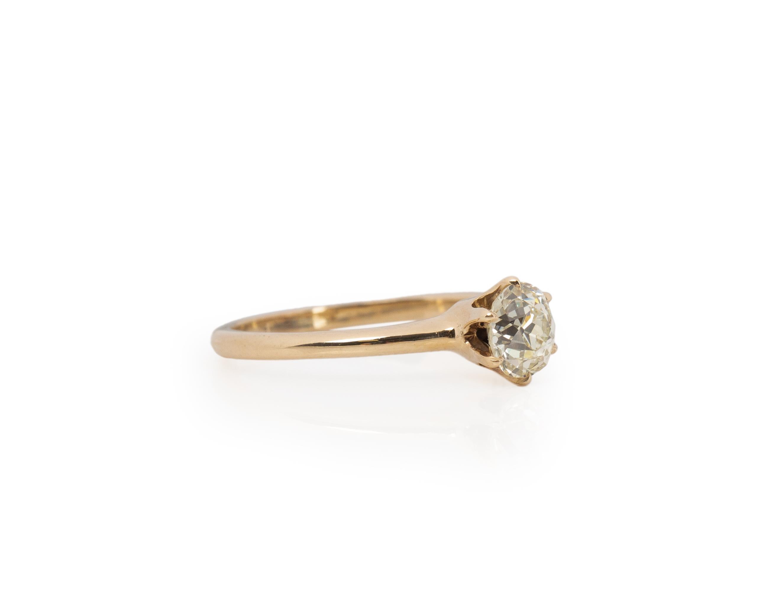 Ring Size: 9
Metal Type: 14K Yellow Gold [Hallmarked, and Tested]
Weight: 3.3 grams

Center Diamond Details:
Weight: 1.20ct
Cut: Old European brilliant
Color: M
Clarity: VS1

Finger to Top of Stone Measurement: 6.0mm
Shank/Band Width: