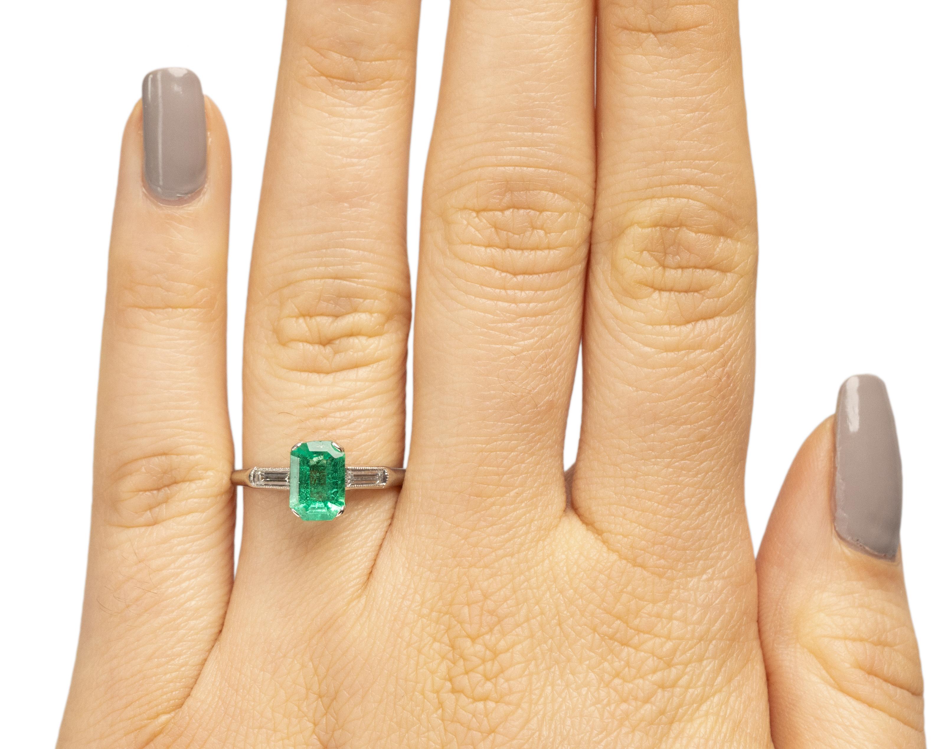 1.20 Carat Art Deco Emerald Platinum Engagement Ring 1