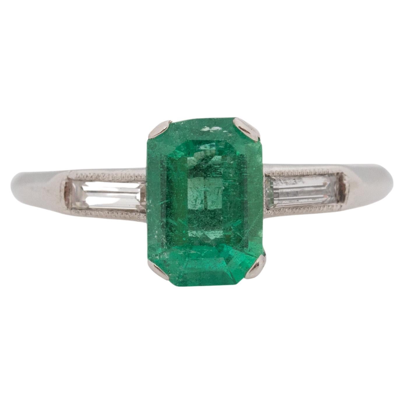 1.20 Carat Art Deco Emerald Platinum Engagement Ring