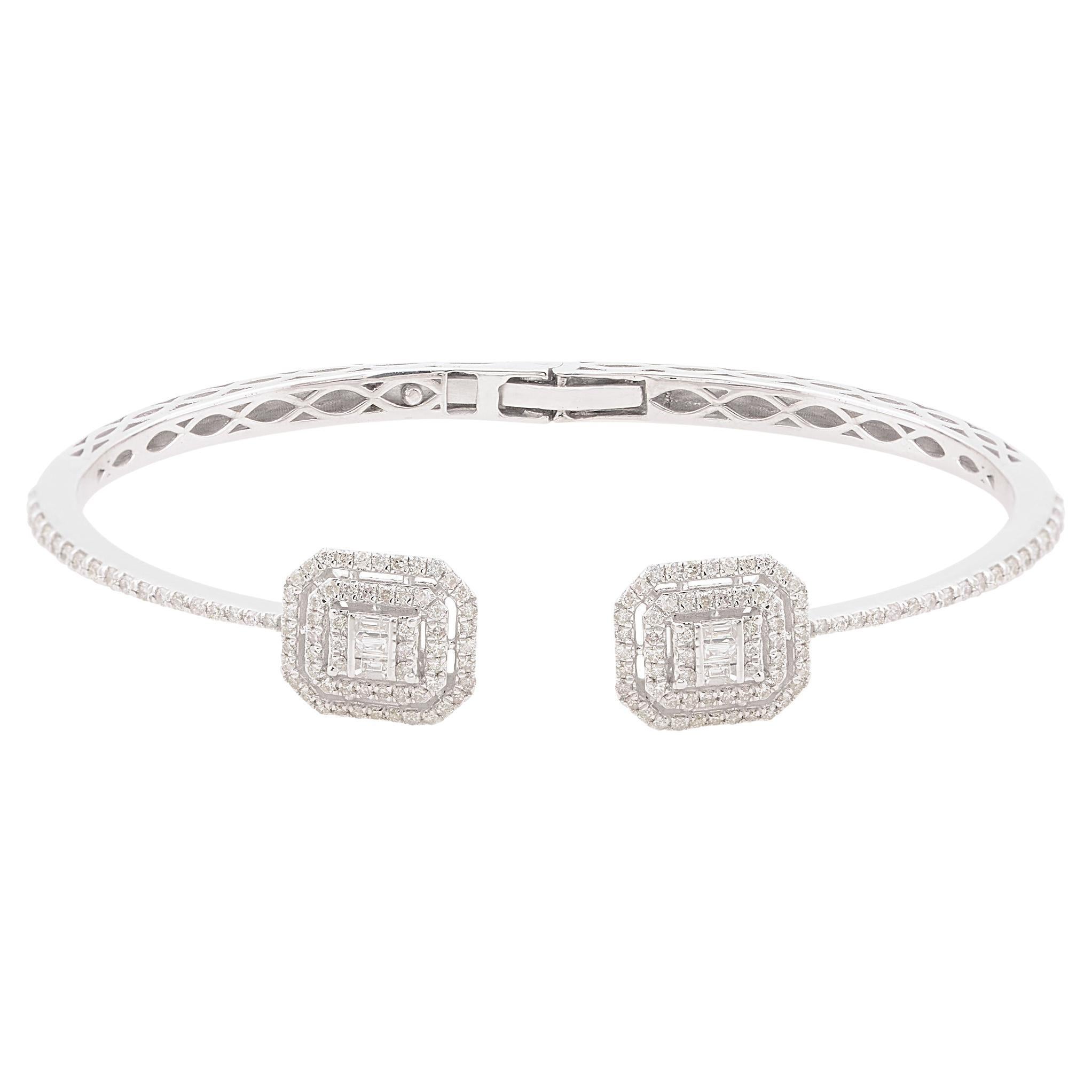 Bracelet manchette en or blanc massif 10 carats avec diamants baguettes de 1,20 carat