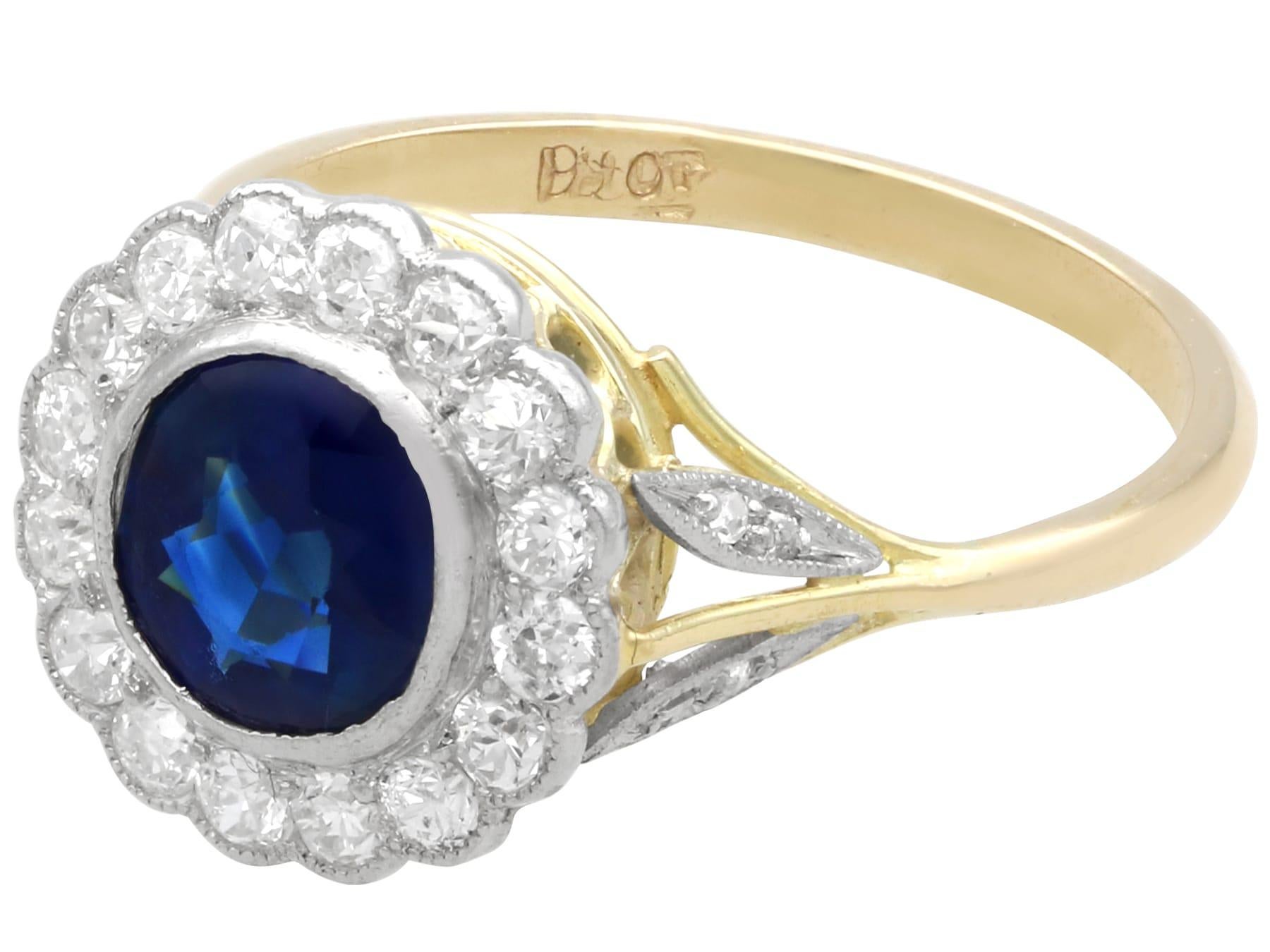 Women's or Men's 1.20 Carat Basaltic Sapphire 0.54 Carat Diamond, 18k Yellow Gold Ring Circa 1935 For Sale
